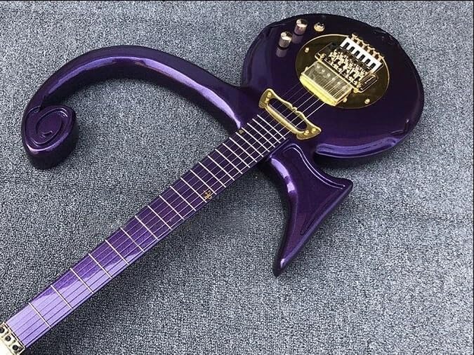 Prince Love Symbol Electric Guitar, Metallic Purple Finish, Floyd Rose Tremolo, Gold Pickguard, Rare Unique Shape, High-Performance 6-String