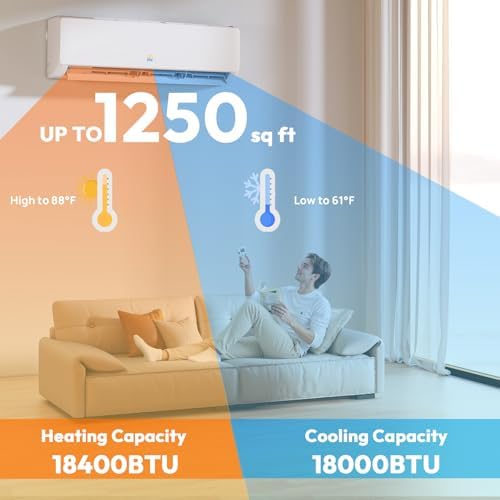 18000 BTU Mini Split Ac/Heating System, 19 SEER2 230V Air Conditioner Inverter Heating and Cooling, Wall Mounted Ductless ac split units Cools Up to 1250sq.ft, 24H Timer, Installation Kit