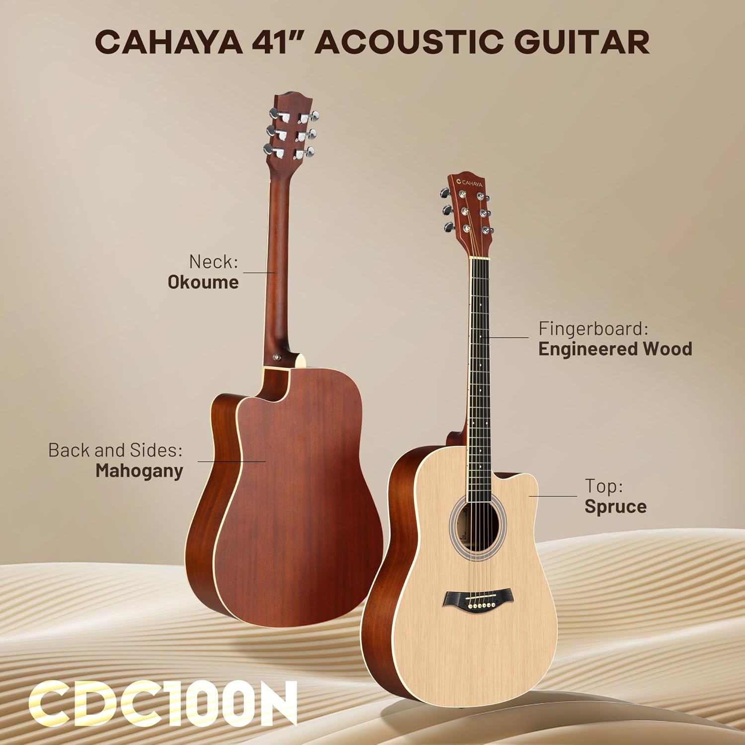 CAHAYA Acoustic Guitar Beginner Kit - 41in Adult All Wood Starter Set Includes with Thickened Gig Bag Capo Pickguard Strings Picks Strap for Kids Teenager Students Natural