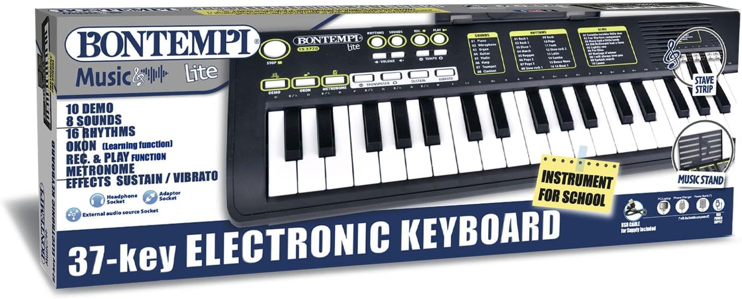Bontempi | KeyRhythm 37 Keys Digital Keyboard, 2 cm Pitch with Learning Function, Headphone Socket, USB-C, 544 x 184 x 54 mm, for Kids and Beginners