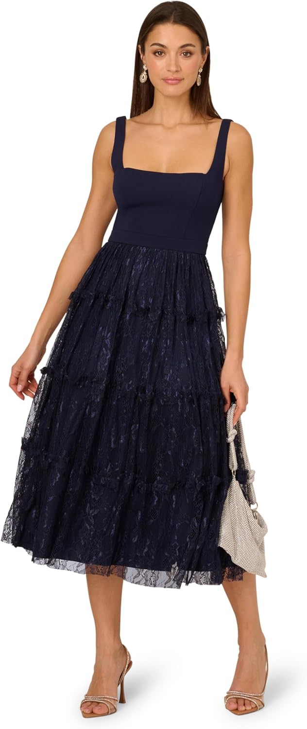 Adrianna Papell Womens Crepe and Lace Midi Dress