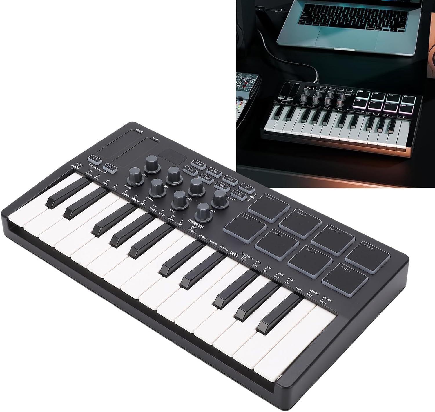 MIDI Keyboard, Portable 25 Keys Controller Keyboard with RGB Backlit Pads 8 Knobs for Music Production