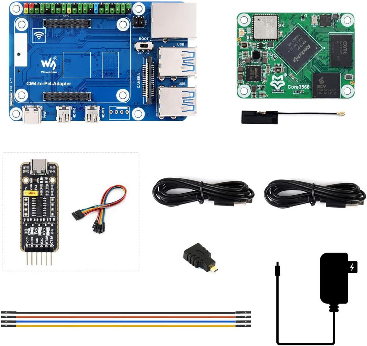 Waveshare Core3566 Module Kit, Rockchip RK3566 Quad-Core Processor, Compatible with Raspberry Pi CM4, Include Core3566102032, CM4-to-Pi4-Adapter and Other Accessories