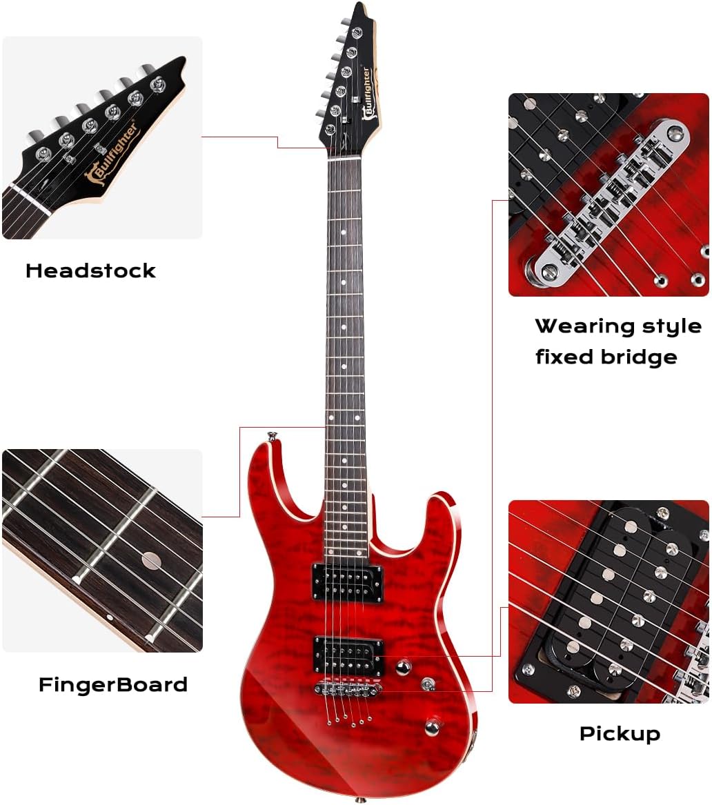 Bullfighter Electric Guitar Kit 39 Inch Full Size,6 Extra String, Picks, Gig Bag, Shoulder Strap, Cable (D170) (Red)
