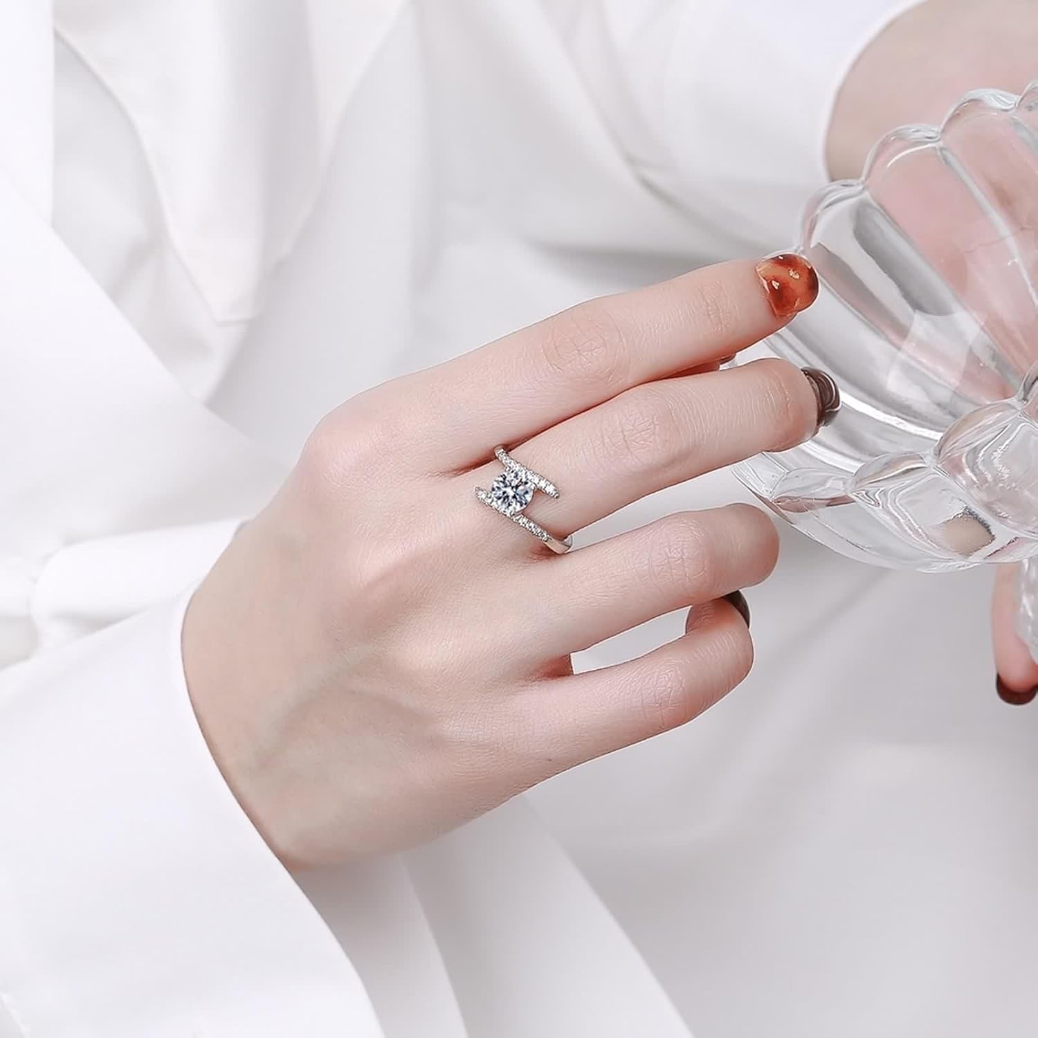 18 Karat White Gold Rings, Women Ring Lab Diamond 4 Prongs Silver Band Birthday Gift for Her