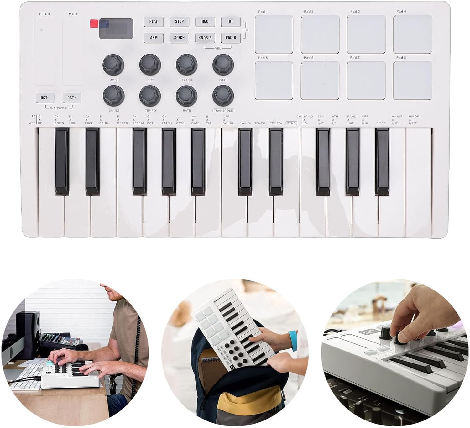 Asixxsix 25 Key Midi Keyboard Controller, with 8 Backlit Drum Pads, 8 Knobs, Portable Beat Maker Machine for Music Production, Velocity Sensitive, LED Display, Arpeggiator