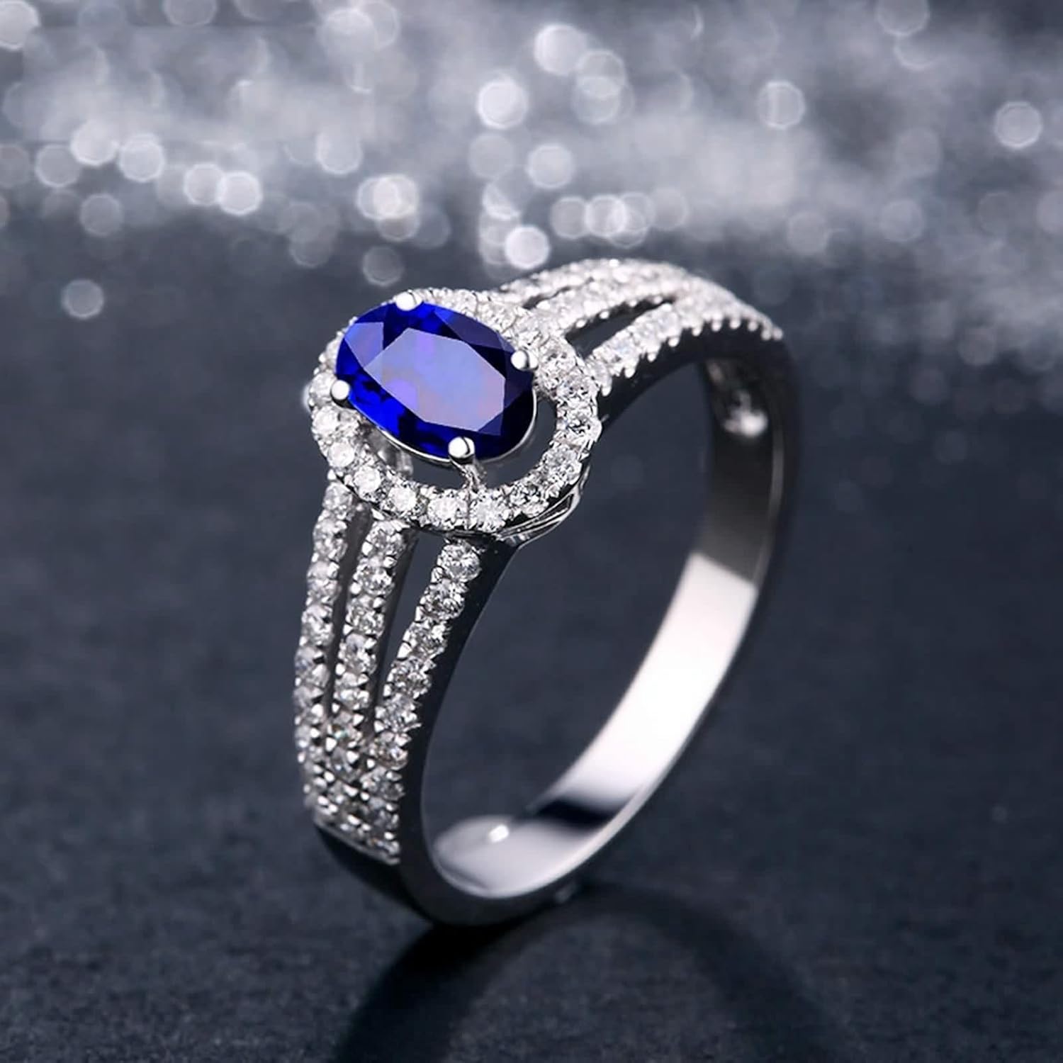 Wedding Rings for Women Halo, 18K White Gold Ring Band Oval Cut Blue Sapphire Micro Pave Diamond Comfort Fit