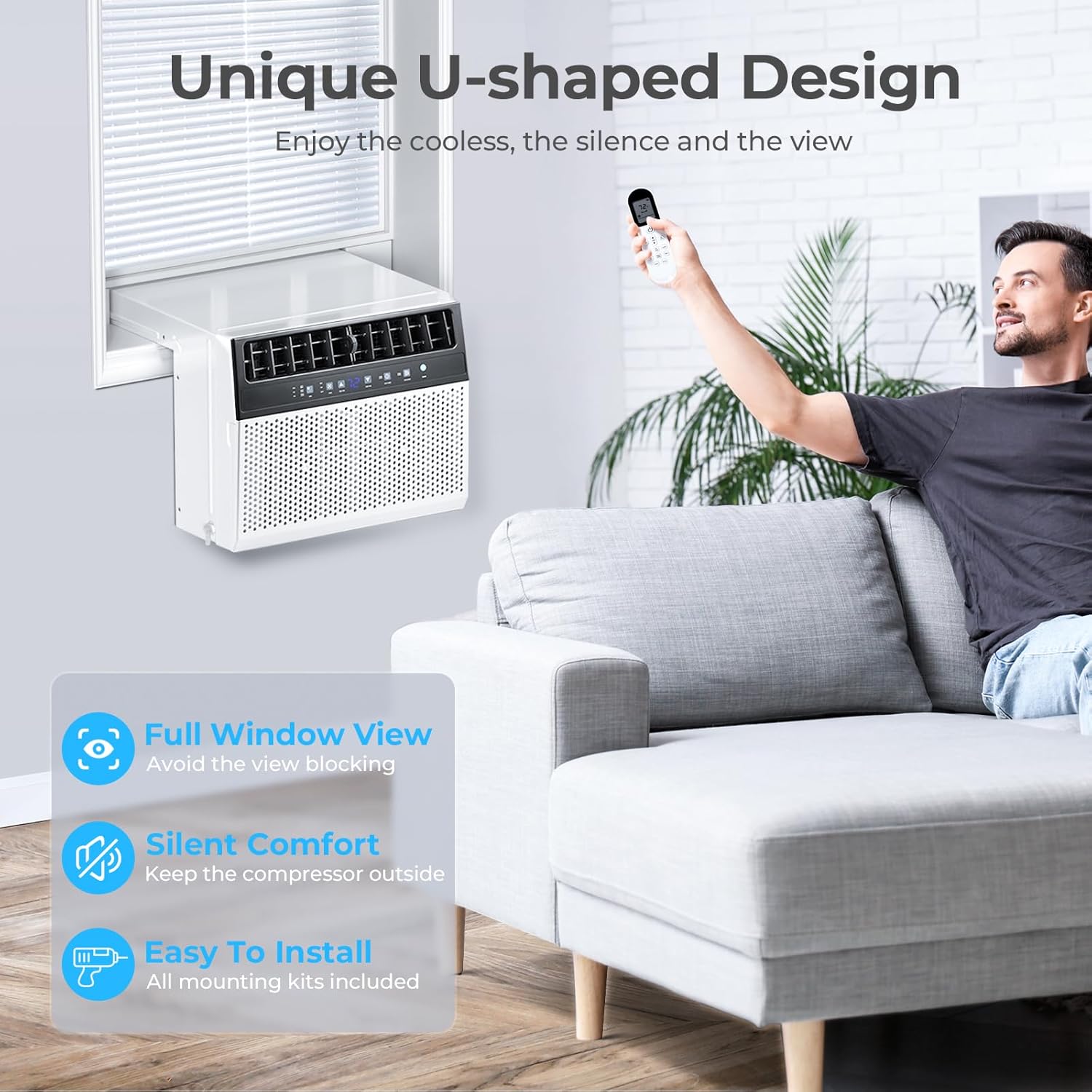 10000 BTU U-Shaped Window Air Conditioner, Window AC Unit for Room Cools Up 450 sq.ft, Saddle Air Conditioner with Cooling, Dehumidifier and 3 Fan Speeds, 24-hour Timer, Installation Kit