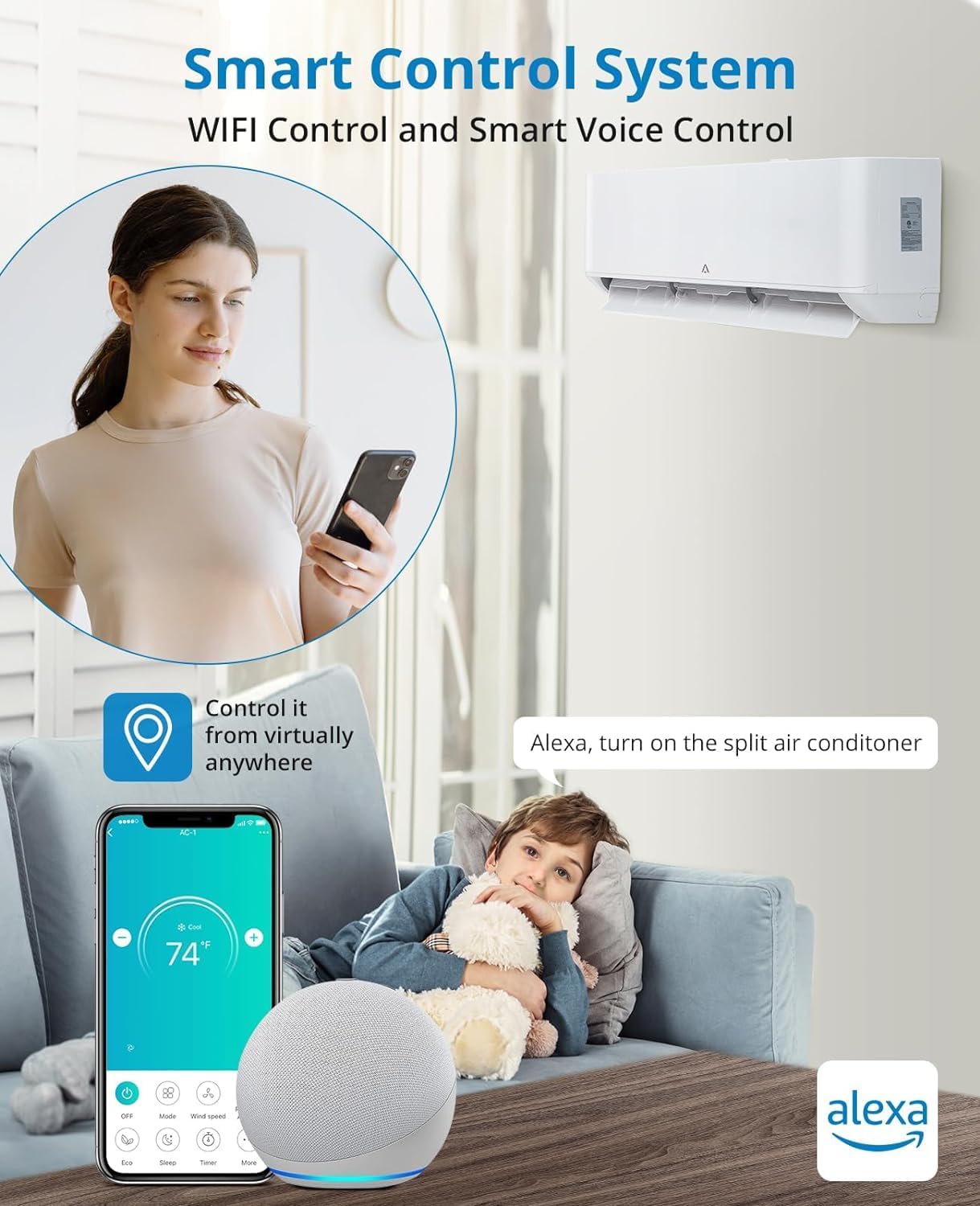 Split Air Conditioner 9,000 BTU, Split AC/Heating System 23SEER Split-System Air Conditioner Inverter, Cools up to 450 Sq. Ft, Wall Mount Split A/C