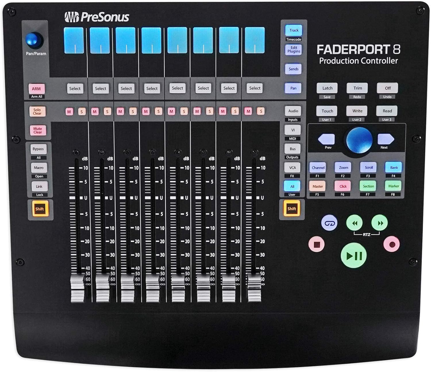 PRESONUS FADERPORT 8 USB 8-Channel Mix Production DAW Controller Mac/PC Bundle with JBL 104SET-BT Pair Active Studio Monitors and Pair Rockville RRS190S Foam Isolation Pads