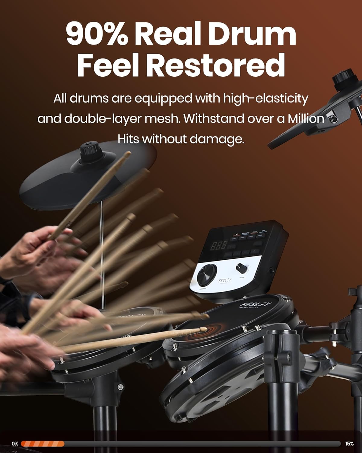 Fesley Electric Drum Set: 5 Drums 3 Cymbals with 4 Quiet Mesh Drum Pads, Electronic Drum Set for Beginner Adult, E Drum Kit with Throne, Headphone, Drumsticks, USB MIDI, Intelligent Sound Module