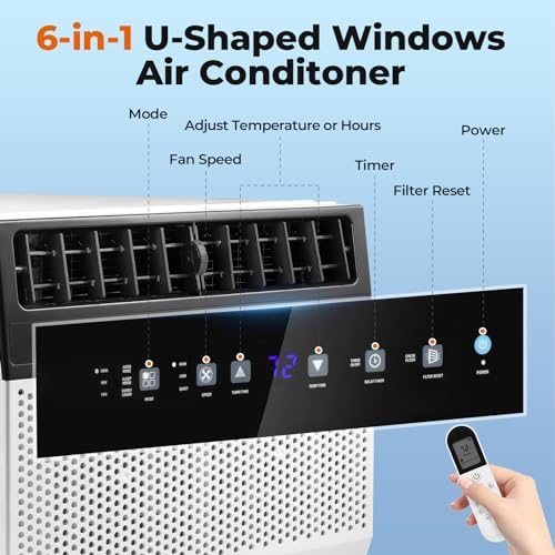 R.W.FLAME Window Air Conditioner 10,000 BTU, 6 in 1 U Shaped Window AC unit with Remote Control, Fast Cooling Up to 450 Sq.Ft. Thermostat Control/Timmer/Energy Saving,White