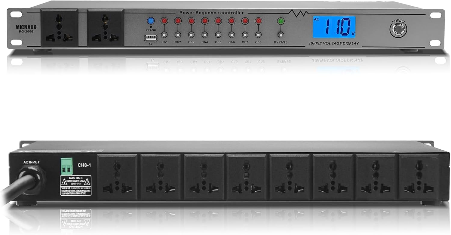 Rack Mount Power Conditioner 20A Sequencer for Audio Equipment, 10 Outlets 2000W Power Supply with 8 Independent Controls, Surge Protector, Voltage Display, External Switch