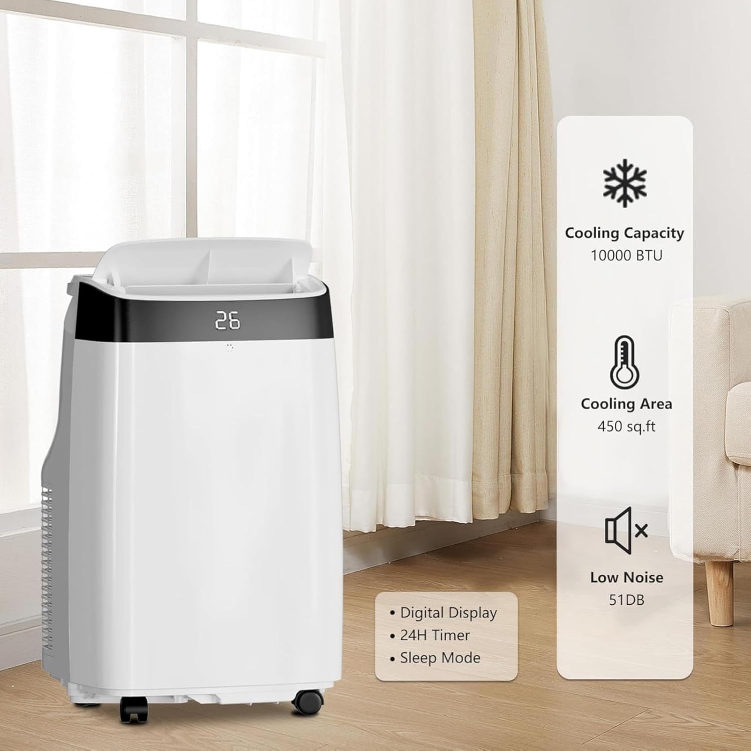 GAOMON 10,000 BTU Portable Air Conditioner for Bedroom & Small Rooms - 3-in-1 Energy-Efficient AC Unit with Remote Control, 24H Timer, Quiet Operation & Fast Cooling, Compact Design for Dorm/Office