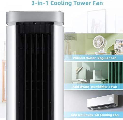 PETSITE Portable Air Conditioner Windowless, 3-IN-1 Evaporative Cooler, Remote Control, 4 Speeds, 7H Timer, 4 Ice Packs, Personal Cooling Bladeless Tower Fan, Swamp Cooler for Home Office Bedroom