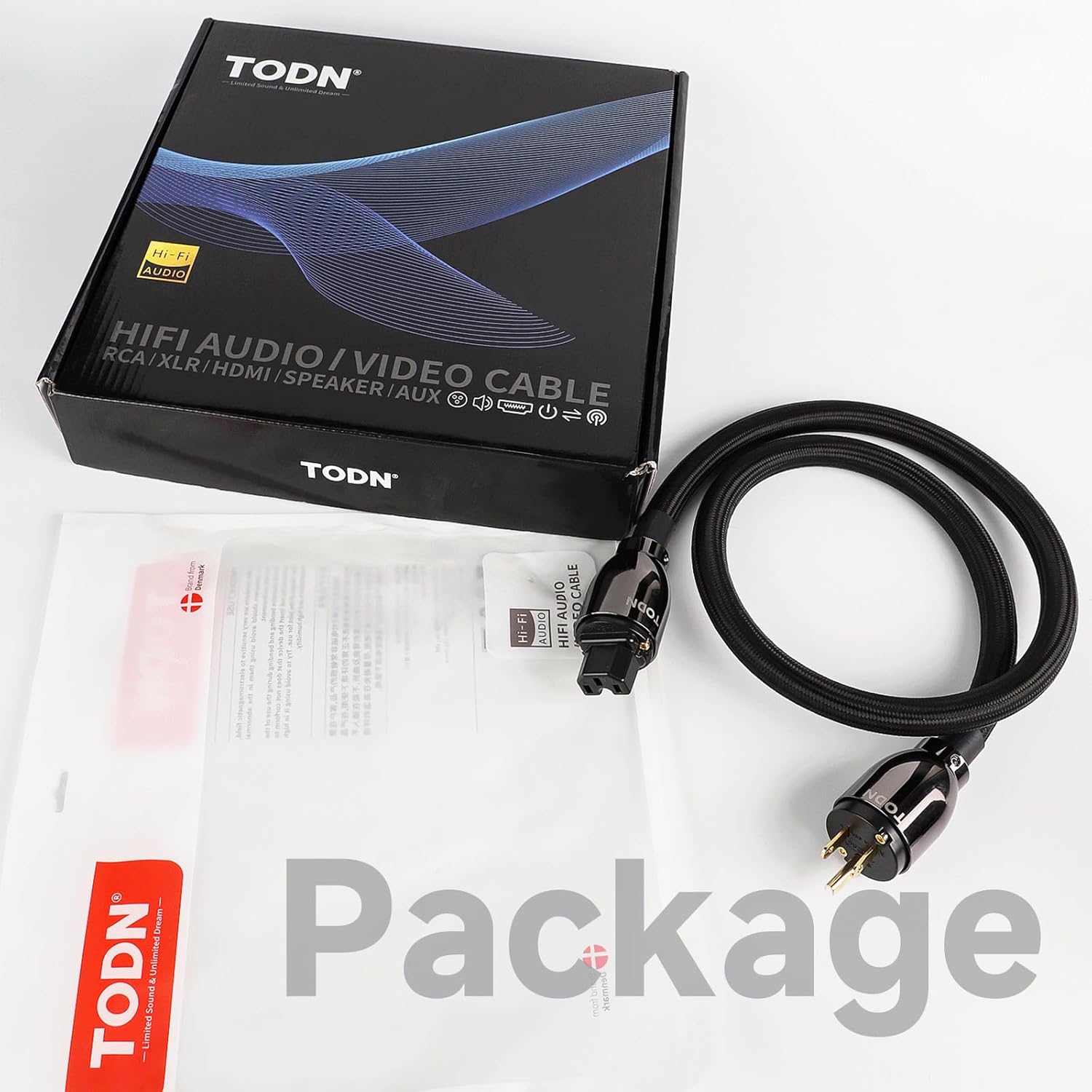 TODN HiFi Audio Power Cable for Audiophile with O-C-C Cores, 24K Gold Plated 3 Prong Power Cord Plug/IEC C15, Φ17.5mm, 3ft/1m