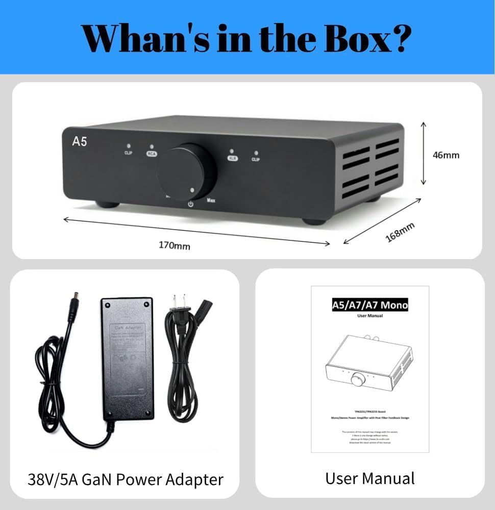 3e Audio A5 TPA3251 PBTL Next-gen HiFi Stereo Amplifier with Enhanced PFFB Professional Amplifier with 38V/5A Power Supply