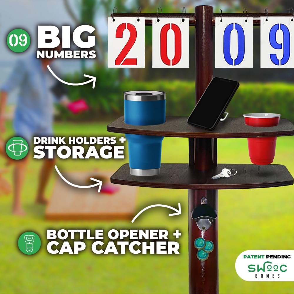 Swooc Games® – Cornhole Score Keeper & Other Yard Games – Weather Resistant – Cornhole Scoreboard with Drink Holder & Bottle Opener & Magnetic Cap Catch – Cornhole Accessories – Corn Hole Score Boards