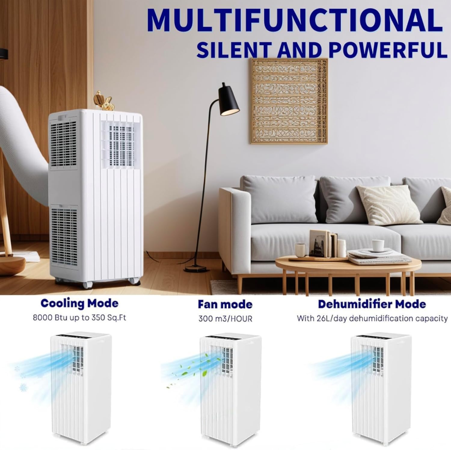 8,000 BTU Portable Air Conditioner - 3-In-1 Cooling, Dehumidifier & Fan for Rooms Up to 350 Sq.Ft. - Quiet AC Unit With Remote, 24H Timer & Window Kit