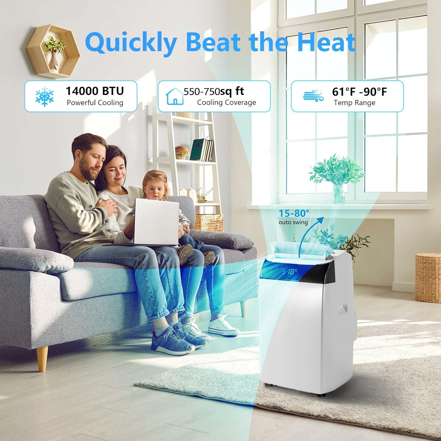 14,000Btu Portable Air Conditioner - Cools Up to 750 Sq.Ft,3-in-1 with Dehumidifier & Fan, Energy Efficient, Ultra-Quiet, Remote Timer Control for Home, Office, School
