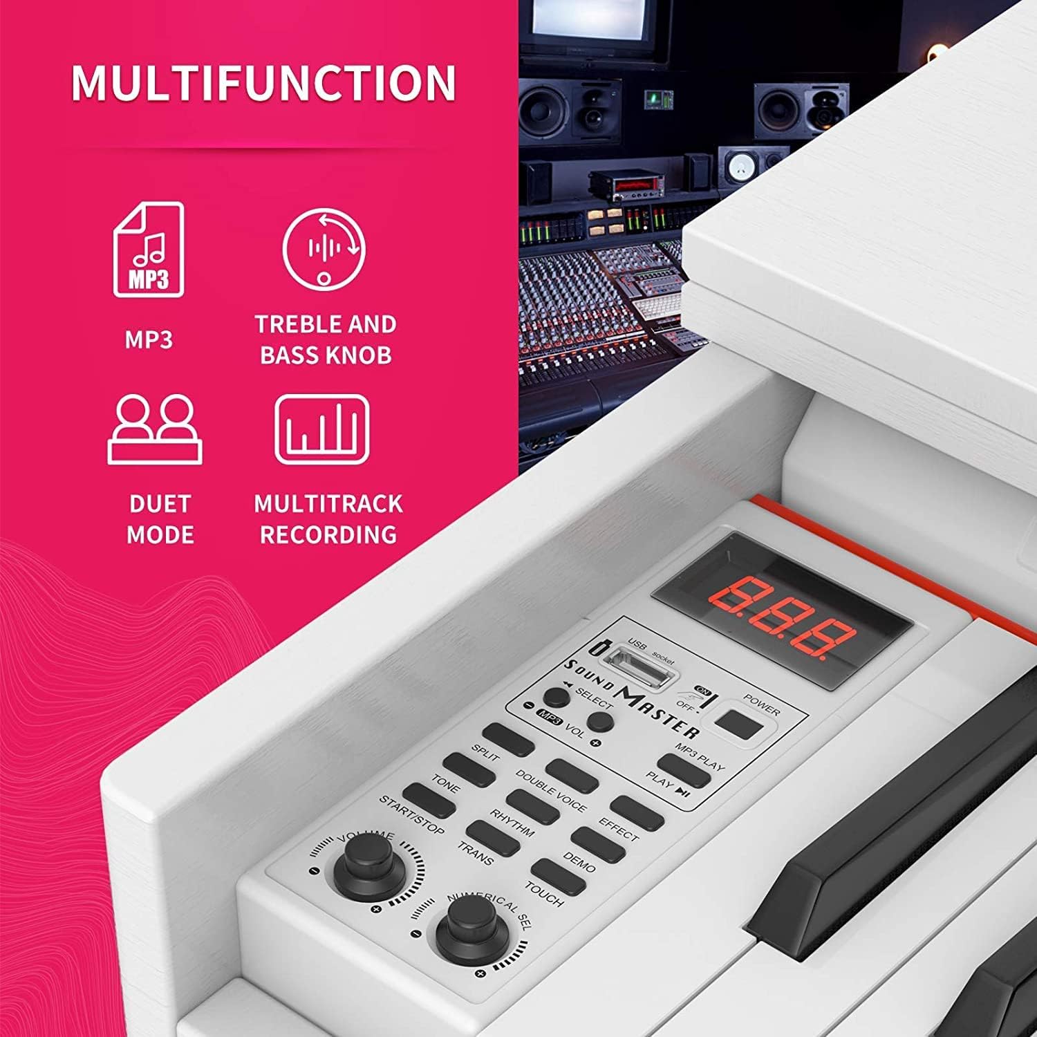 Setting 88-Key Weighted Digital Piano, Electric Upright Piano 3-Pedal Unit Board, LCD Screen, Multi-Functional Full Size Adapter Beginner/Adult (White without Piano Bench), 53.5 x 29.9 x 12.2 Inch