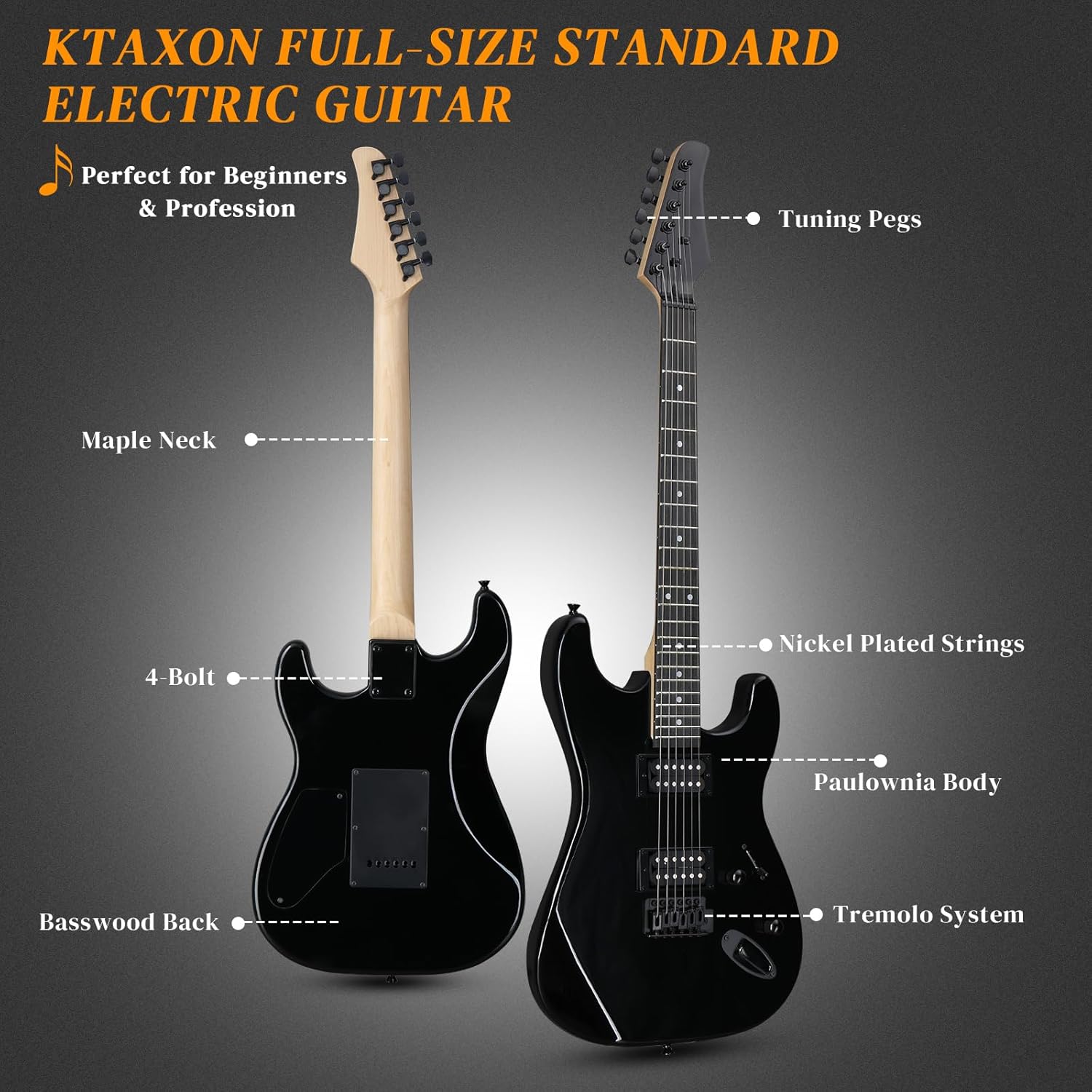 Ktaxon 39 Inch Electric Guitar, Full-Size Solid Body Electric Guitars Kit with Thickened Bag, H-H Pickups, Capo, Upgrade Cable for Beginners, Intermediate & Professional (Bright Black)