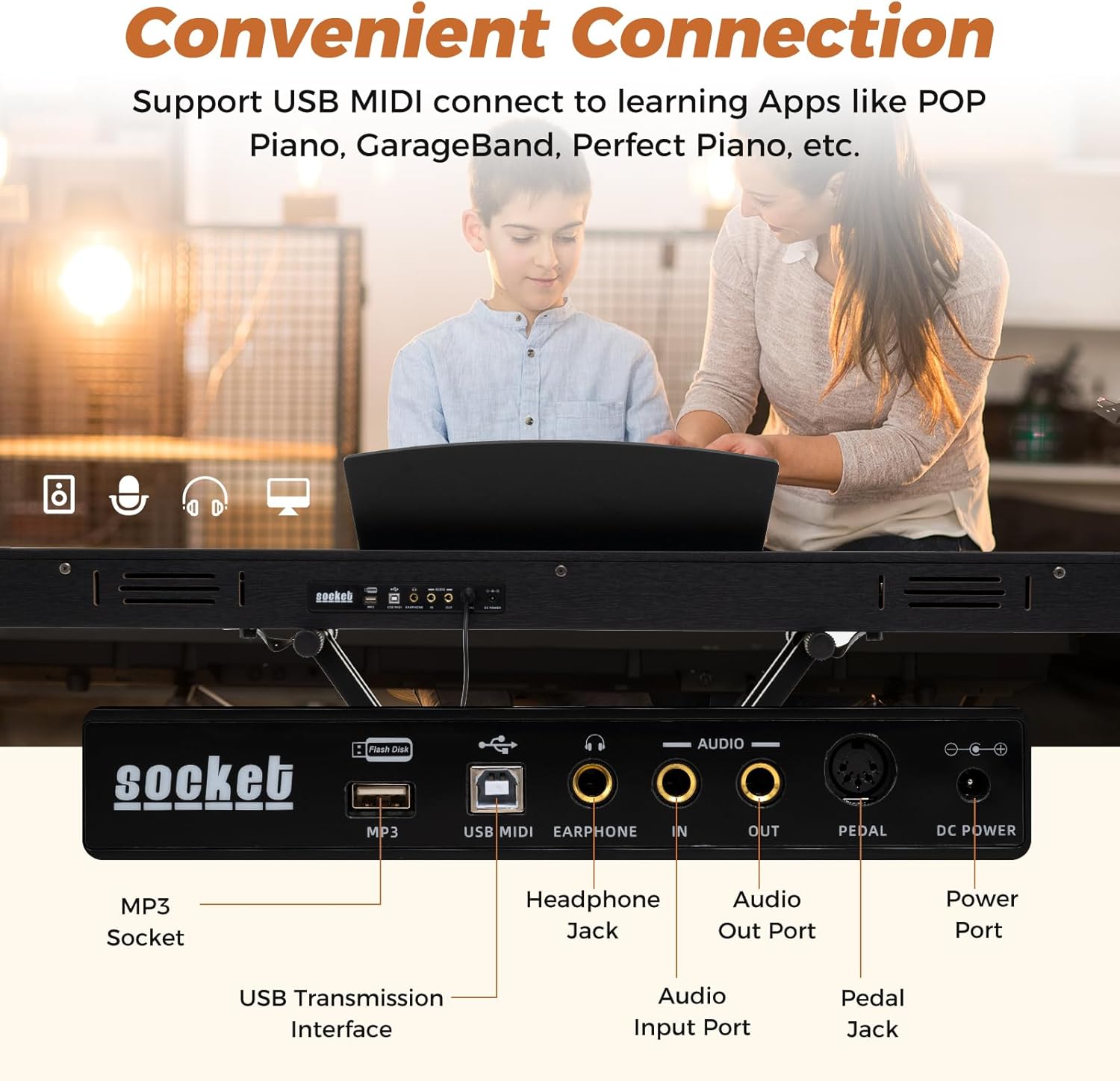 88 Key Digital Piano, Full Size Semi-weighted Electric Keyboard with Adjustable Stand, Triple Pedals, Dual Speakers (Black)