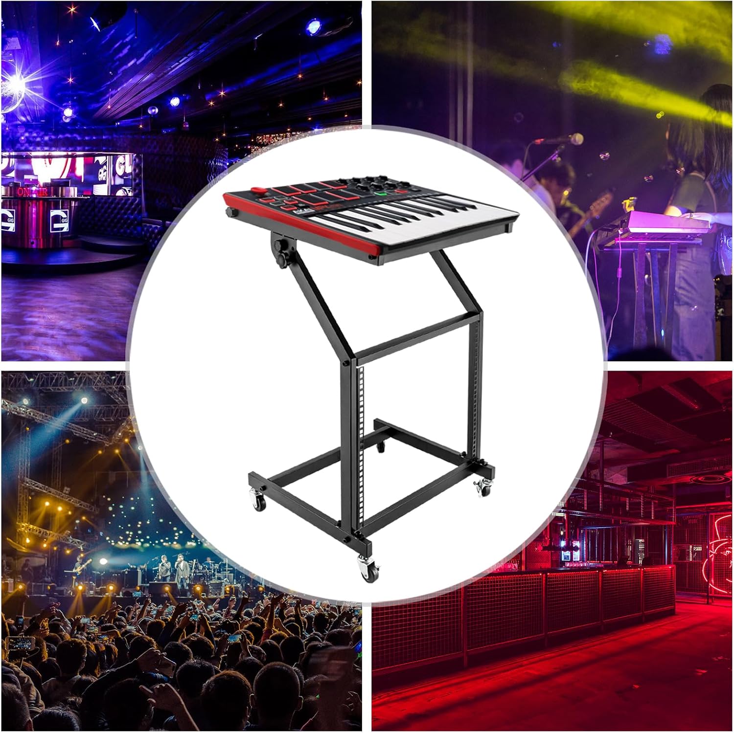 Studio Mixer Stand, 9U Rack Mount Mixer Case Stand, Adjustable Studio Equipment Cart, Stage Amp DJ Rolling Black For Stage or Studio Amplifier, Effects