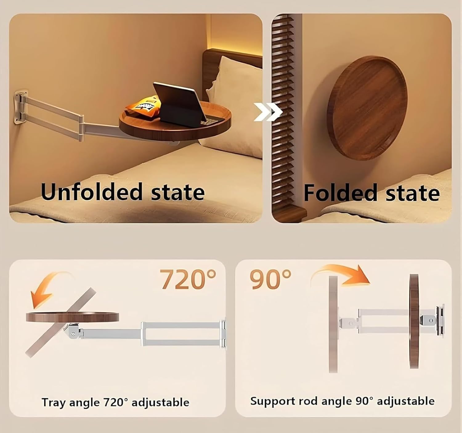 Wall Mounted Folding Round Table, Floating Small Round Table, Wall Mount Tray, with Retractable Shelf Wood Fold, Small Folding Desk(A)