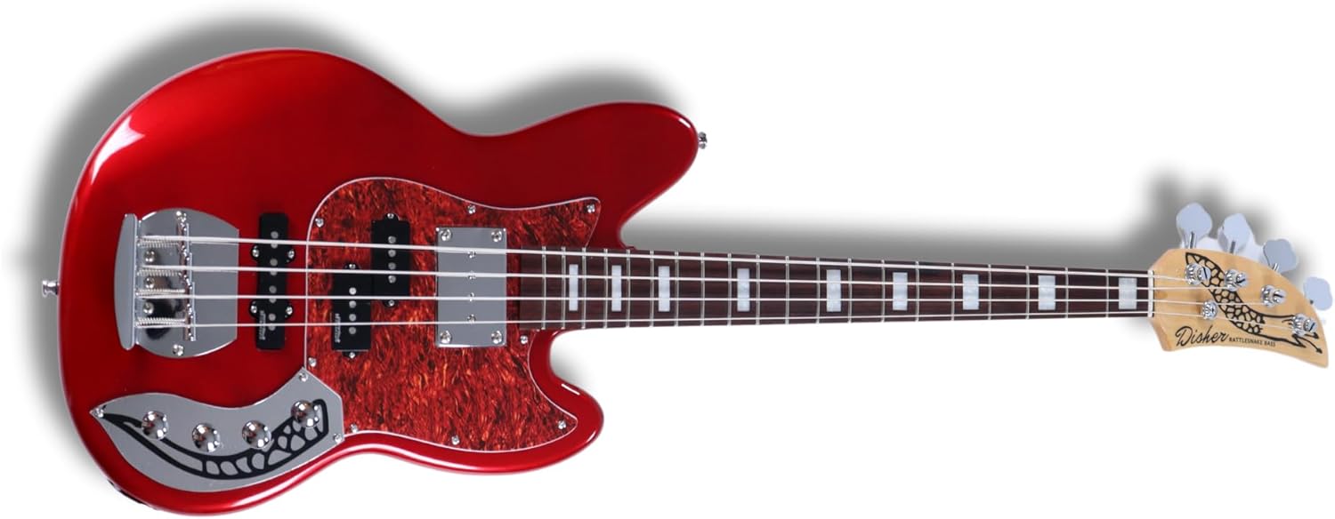 Disher Rattlesnake Bass Guitar (with Disher hard case, Disher seatbelt/leather guitar strap & 10 ft braided guitar cable) (3 Colors) (Metallic Cherry Red)
