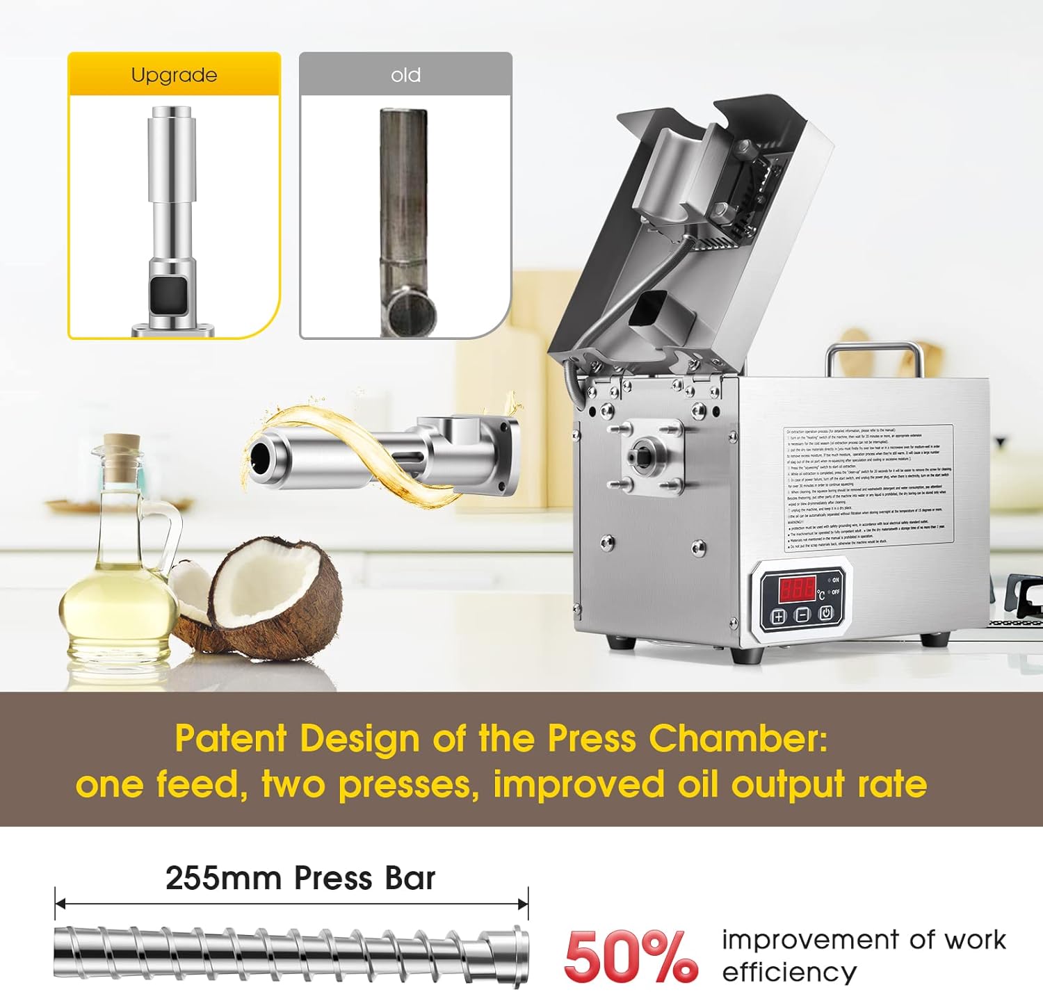 CGOLDENWALL 1500W Commercial Oil Press Machine Oil Extractor Expeller with Intelligent Temperature Controller/Industrial Motor/All Stainless Steel/CE (220V, EU/UK Plug)