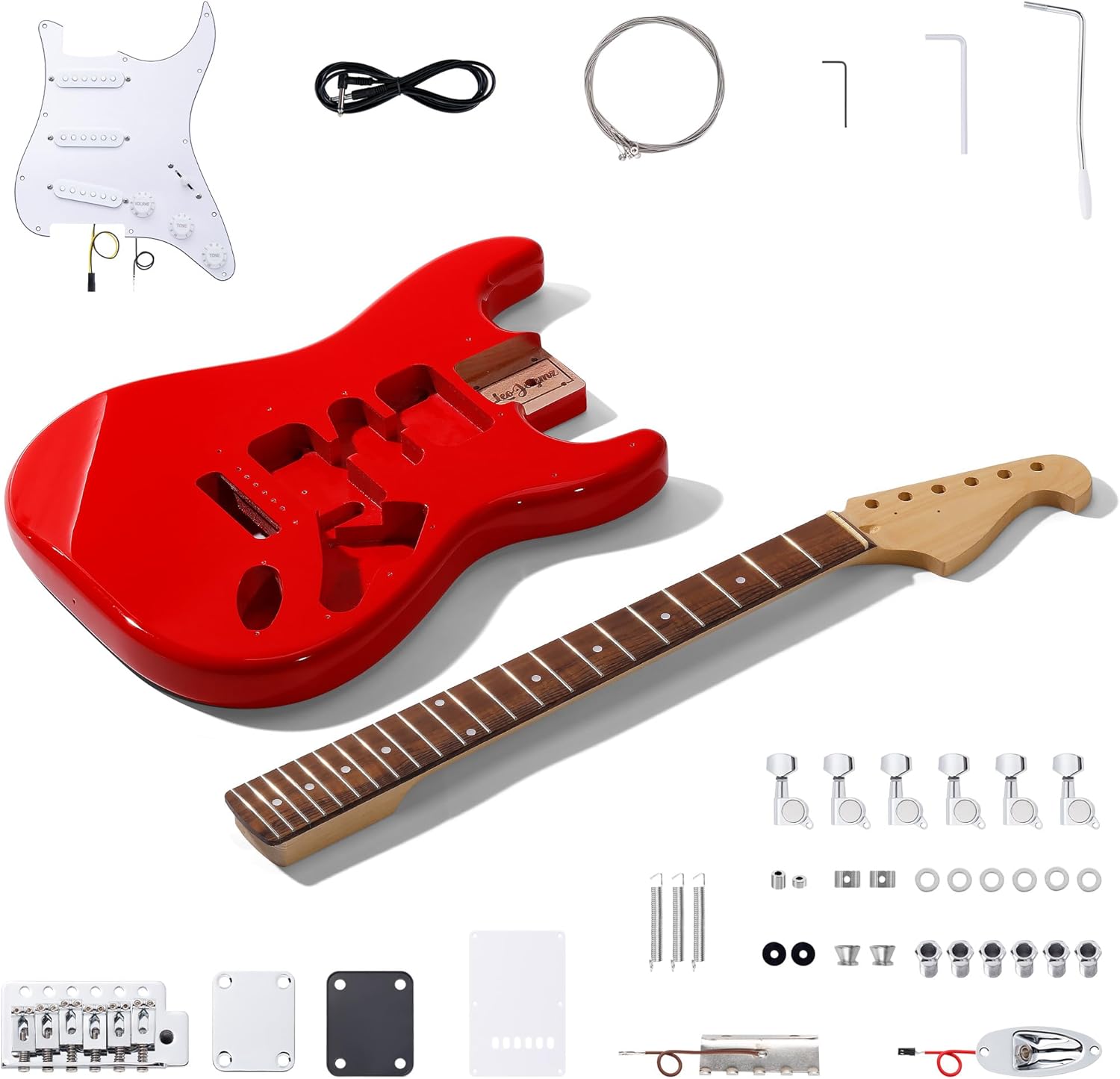 Leo Jaymz DIY ST Style Electric Guitar Kits,Spray-painted Mahogany Body,Laurel Wood Fingerboard and Maple Neck, including all Components (ST-Carnival Red)