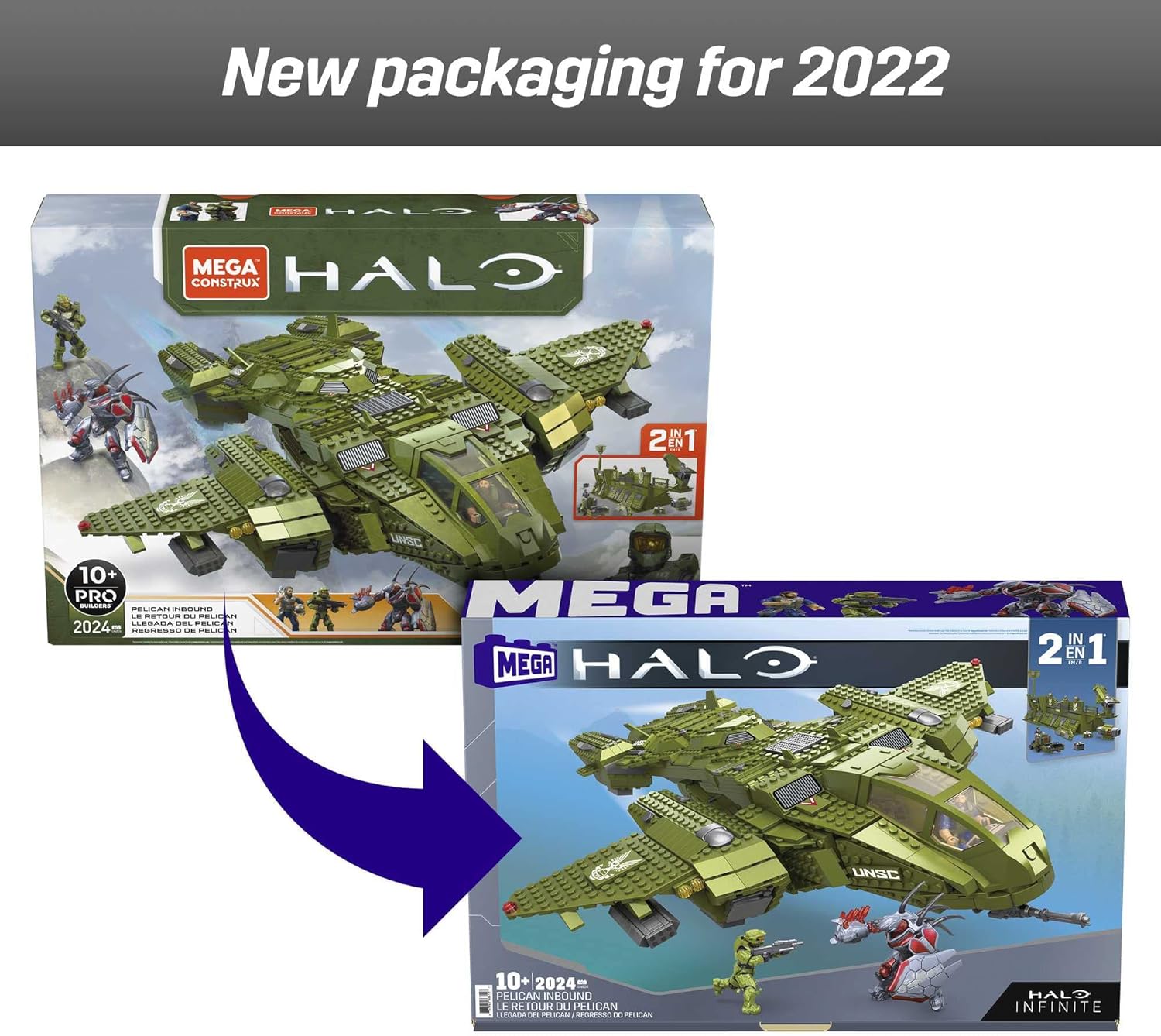 MEGA Halo Toy Building Sets, Pelican Inbound Vehicle with 2024 Pieces, 3 Micro Action Figures and Accessories, for Collectors