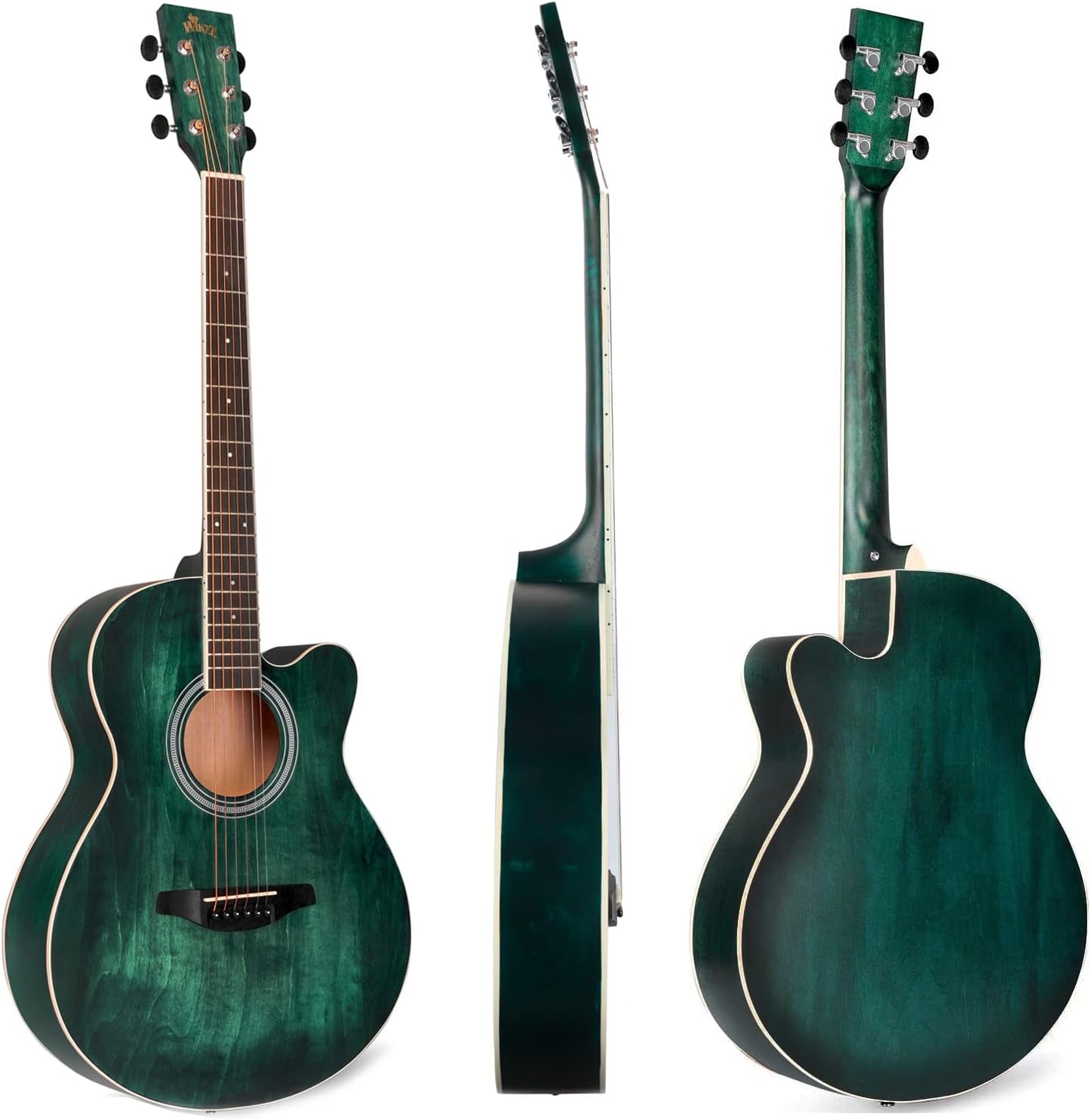 WINZZ HAND RUBBED Series - 40 Inches Cutaway Acoustic Acustica Guitar Beginner Starter Bundle with Online Lessons, Padded Bag, Stand, Tuner, Capo, Guitar Chords, Strap, Picks, Dark Hunter Green