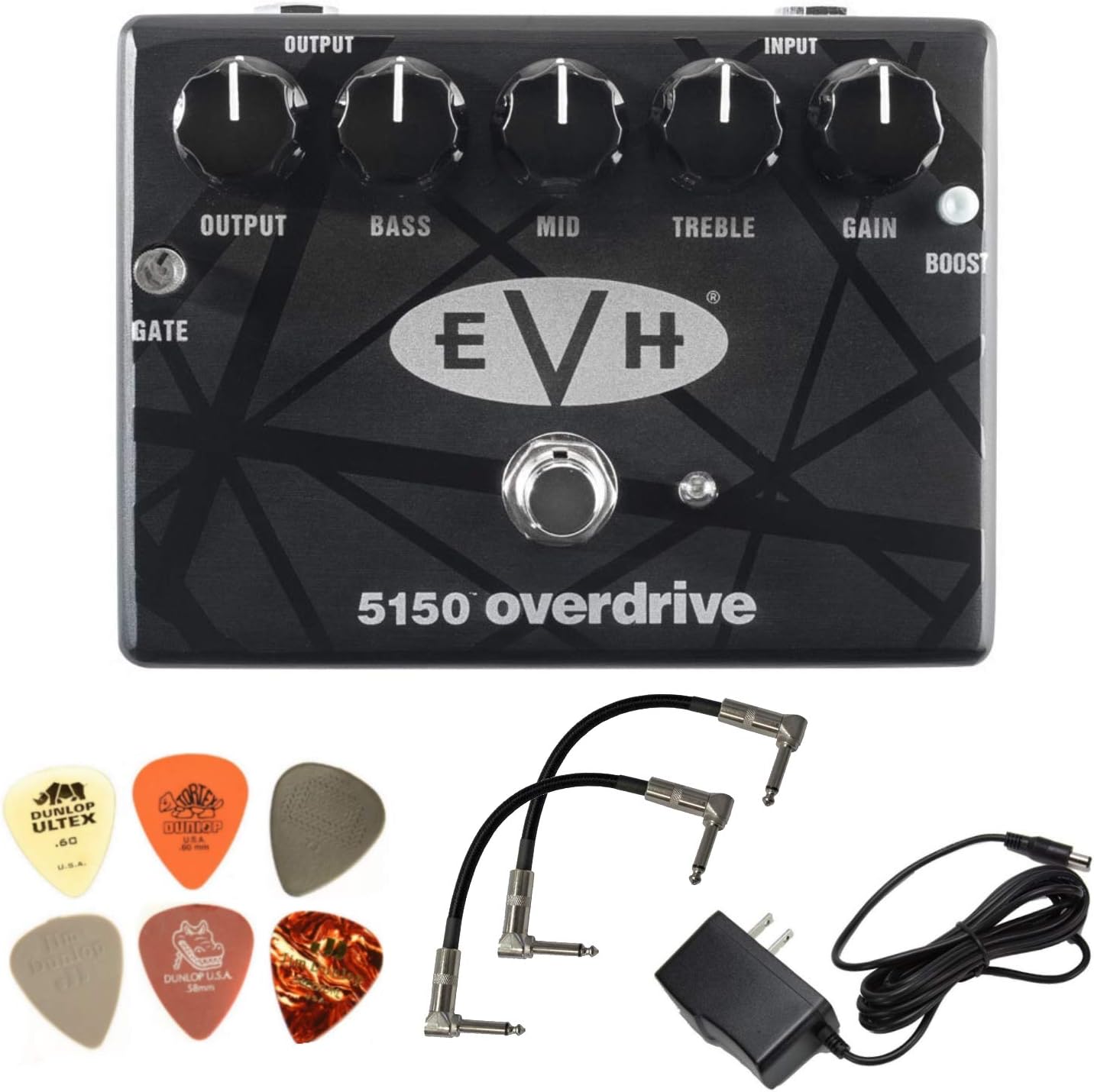 MXR EVH5150 Overdrive Pedal Bundle with 2 Patch Cables, Power Supply, and 6 Dunlop Picks