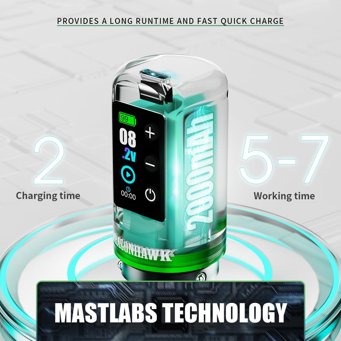 Dragonhawk L3 Cordless/Cord Tattoo Gun Rotary Pen Machine, 7 Strokes Length for Pro Artists, Powerful Mcore-L Tattoo Motor, Smart Display 2,000mAh Battery Power Supply Silver