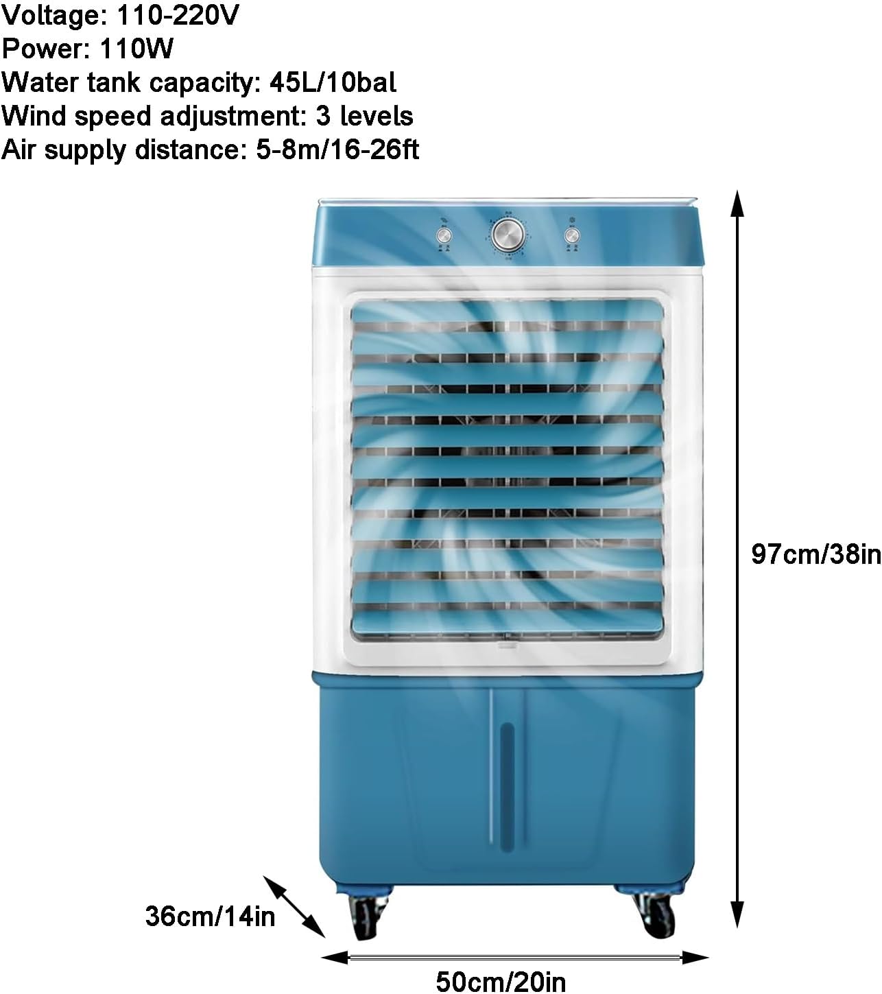 Portable Air Conditioners, Swamp Cooler, Wide-angle Air Supply, 3 Ice Curtains, Quiet Operation, for Bedroom and Office, with 45L/10bal Water Tank