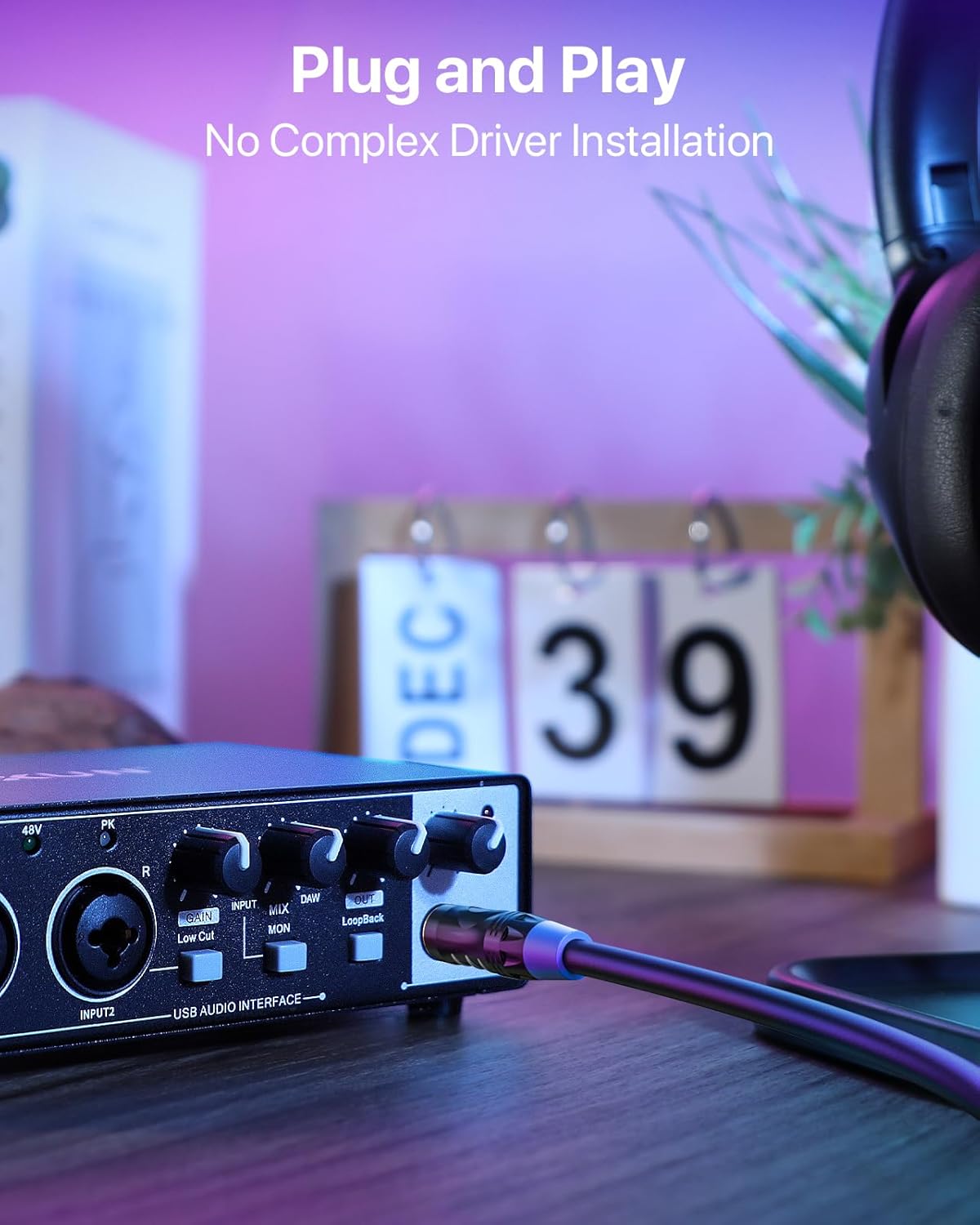 2x2 USB-C Audio Interface for PC/Mac Recording, 24-bit/192kHz, Dual TS/XLR Inputs, +48V Phantom Power, Studio/Podcast/Streaming (Matte Black)