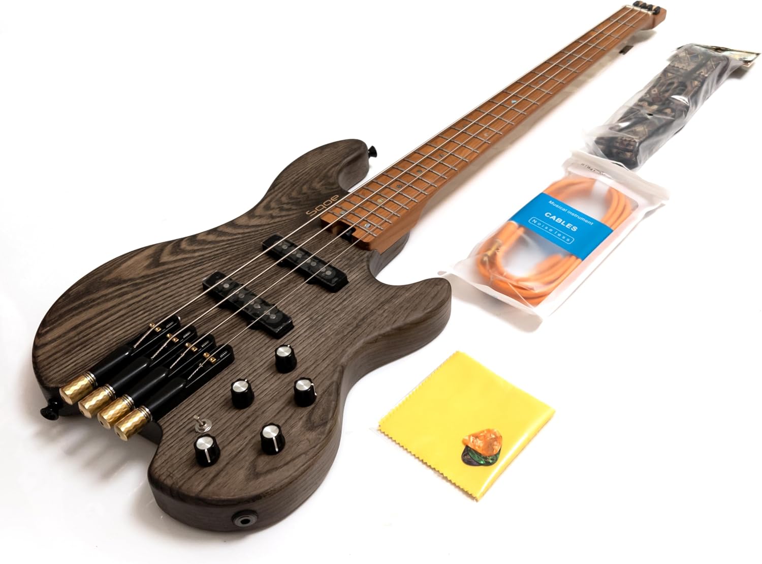 24 Frets 4-String Headless Electric Bass Guitar, Solid Ash Body & Roasted Maple Neck, Matte Finish, Stainless Steel Frets (Tea-colored no Bag)