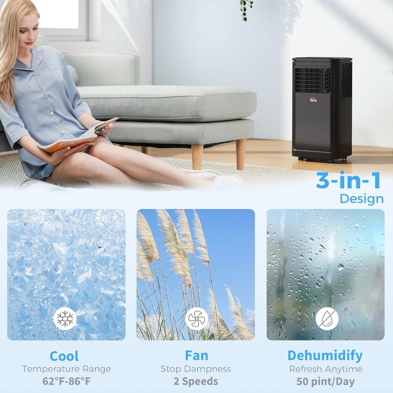 HOMCOM 8000 BTU Portable Air Conditioner, for Rooms Up to 344 Sq. Ft., 3-in-1 Portable AC Unit with Dehumidifier, Cooling Fan, Sleep, 24H Timer On/off, Remote, Window Installation Kits, Black