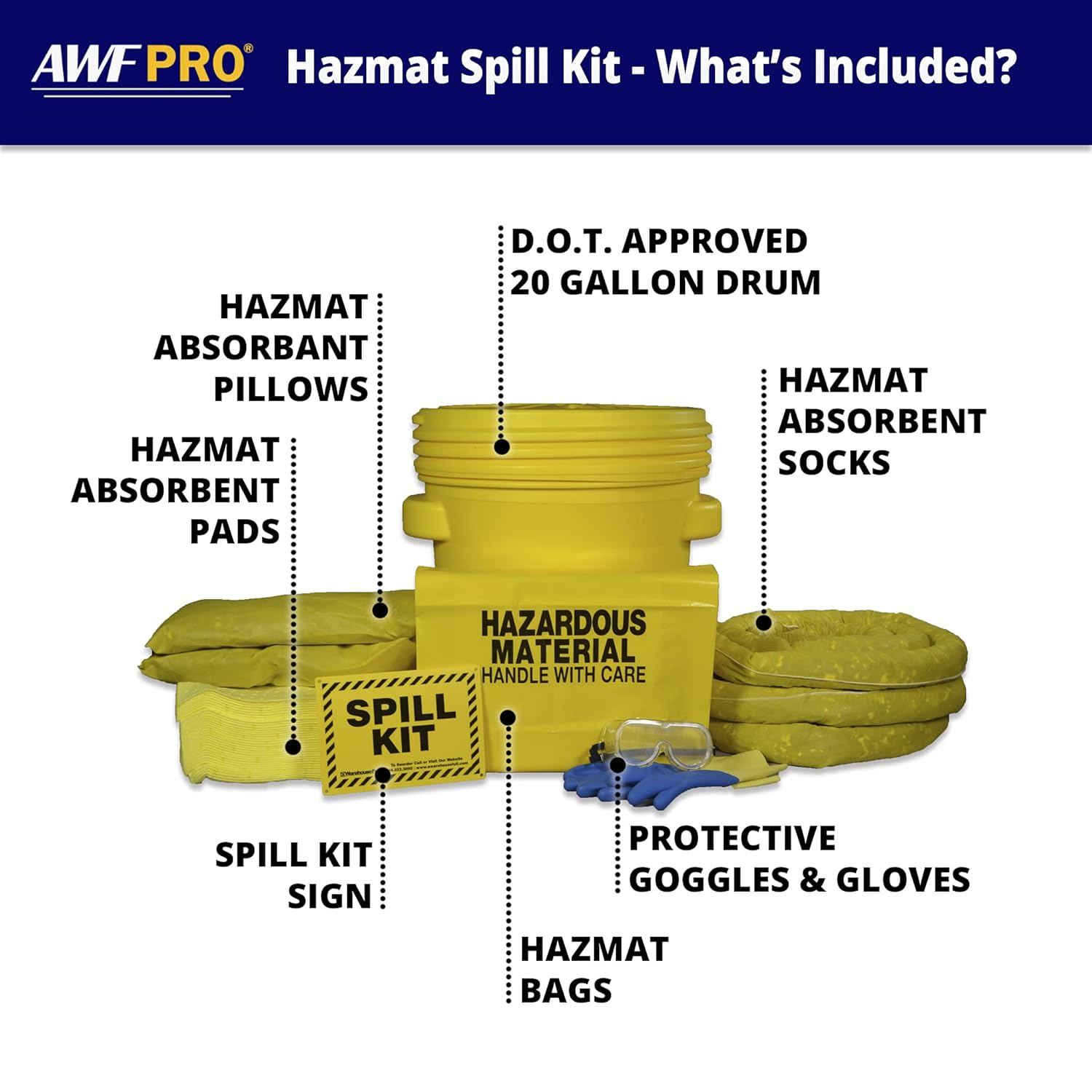 AWF PRO 20 Gallon Hazmat Spill Kit, 59 Pieces – 20 gal DOT Approved Drum, Socks, Pads & Pillows, & Accessories