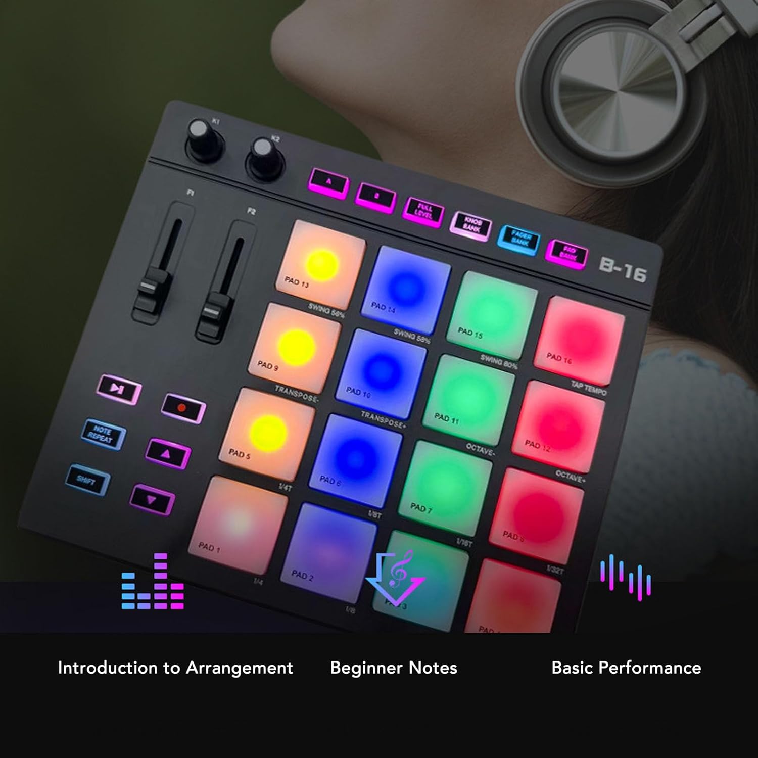 MIDI Pad Controller - Portable MIDI Drum Pad Controller with 16 RGB Backlit Beat Pad, 2 Assignable Fader, 2 Adjustable Knobs, USB MIDI Beat Maker Machine for Music Production