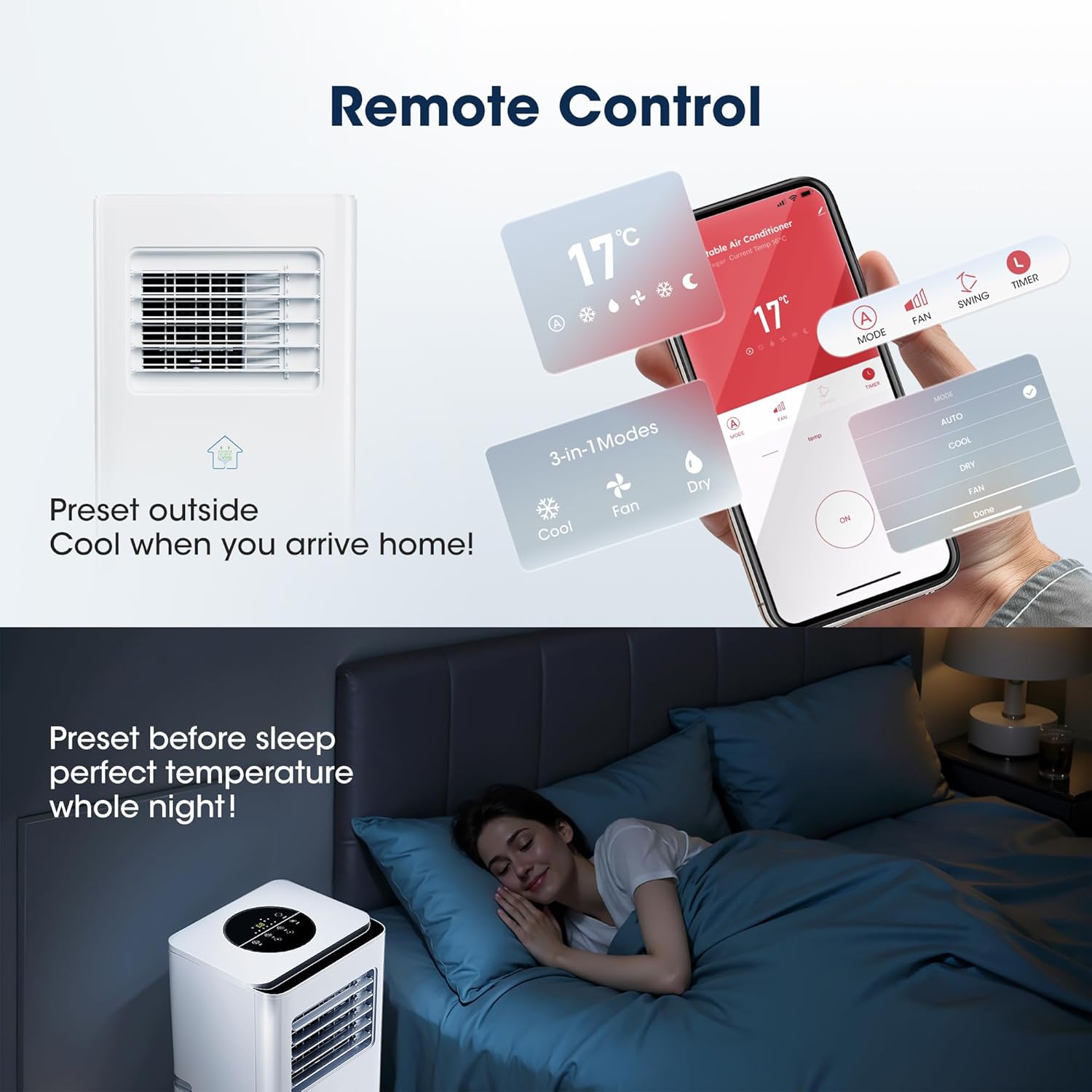 8000BTU Portable Air Conditioners Smart AC Unit with App & Remote Control 3-in-1 Cooling, Dehumidifier, Fan for Rooms up to 350 sq.ft, 24H Timer, White