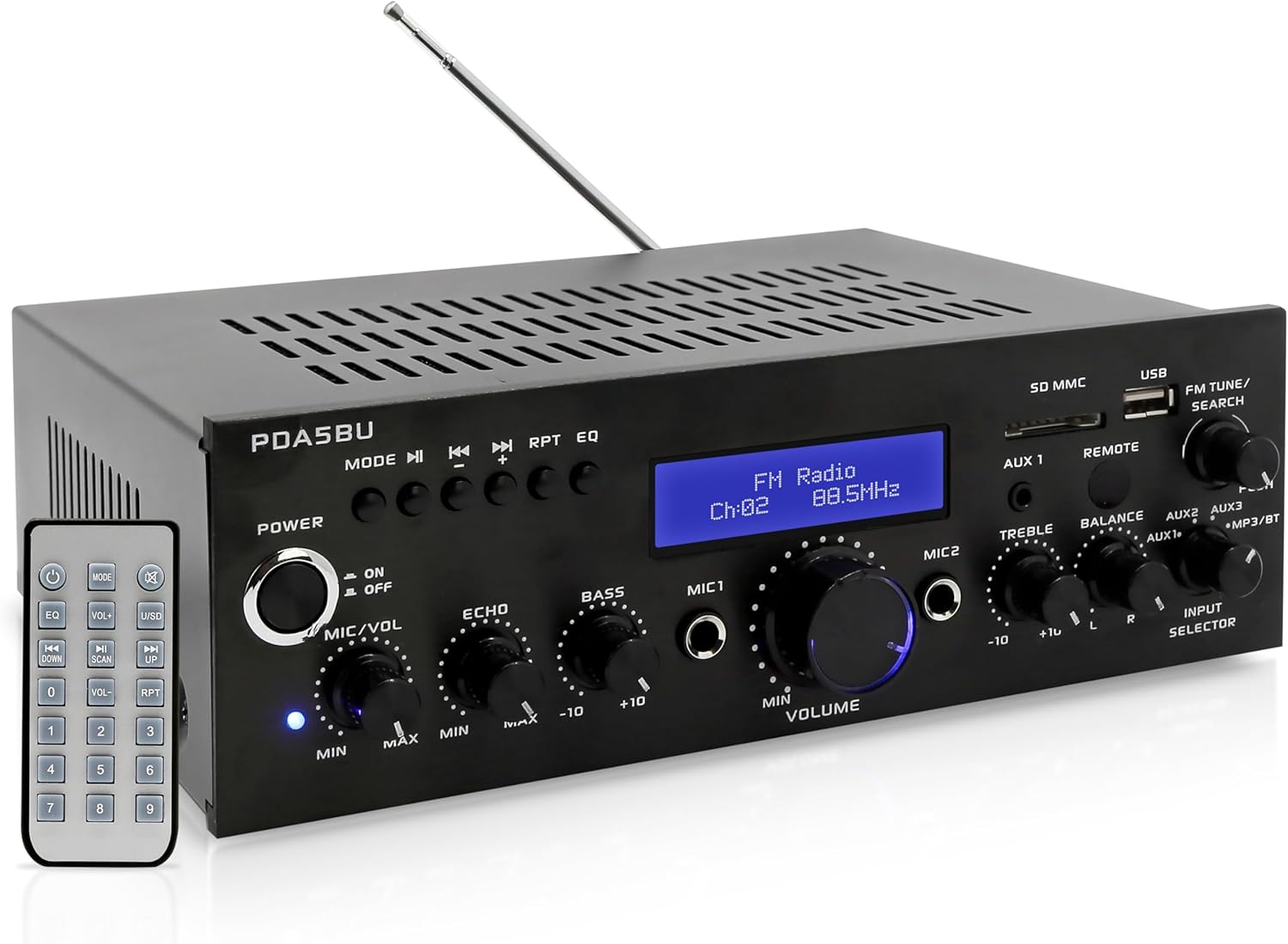 Pyle Wireless Bluetooth Power Amplifier - 200 Watt Audio Stereo Receiver w/ USB Port, AUX IN, FM Radio, 2 Karaoke Microphone Input, Remote, Home Entertainment System - PDA5BU