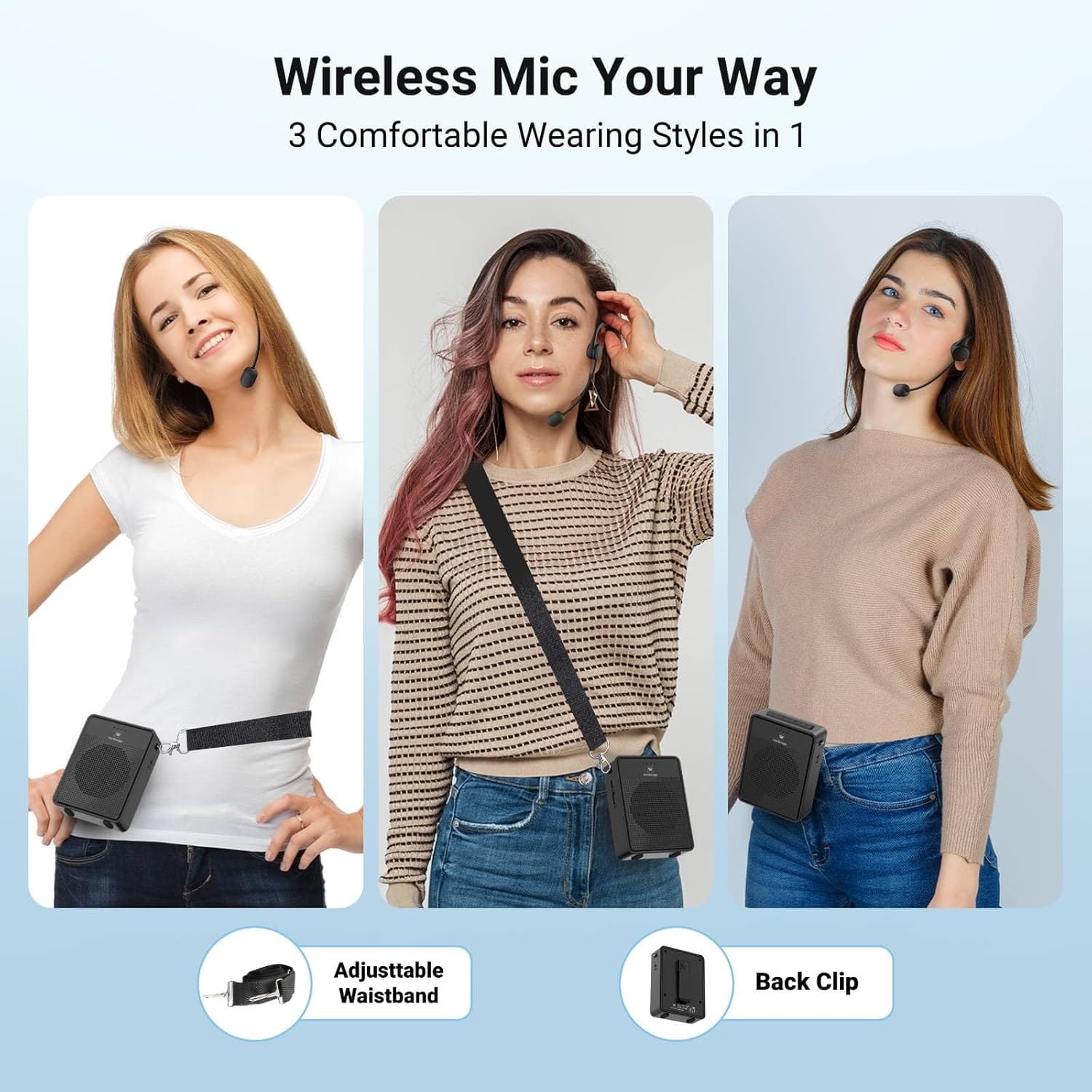 Voice Amplifier Wireless Ear-Hook Headset Microphone, Original Sound Portable Microphone and Speaker Pa System, 15W Speaker with Noise Cancelling Bluetooth Mic for Teachers, Fitness, Elderly B007