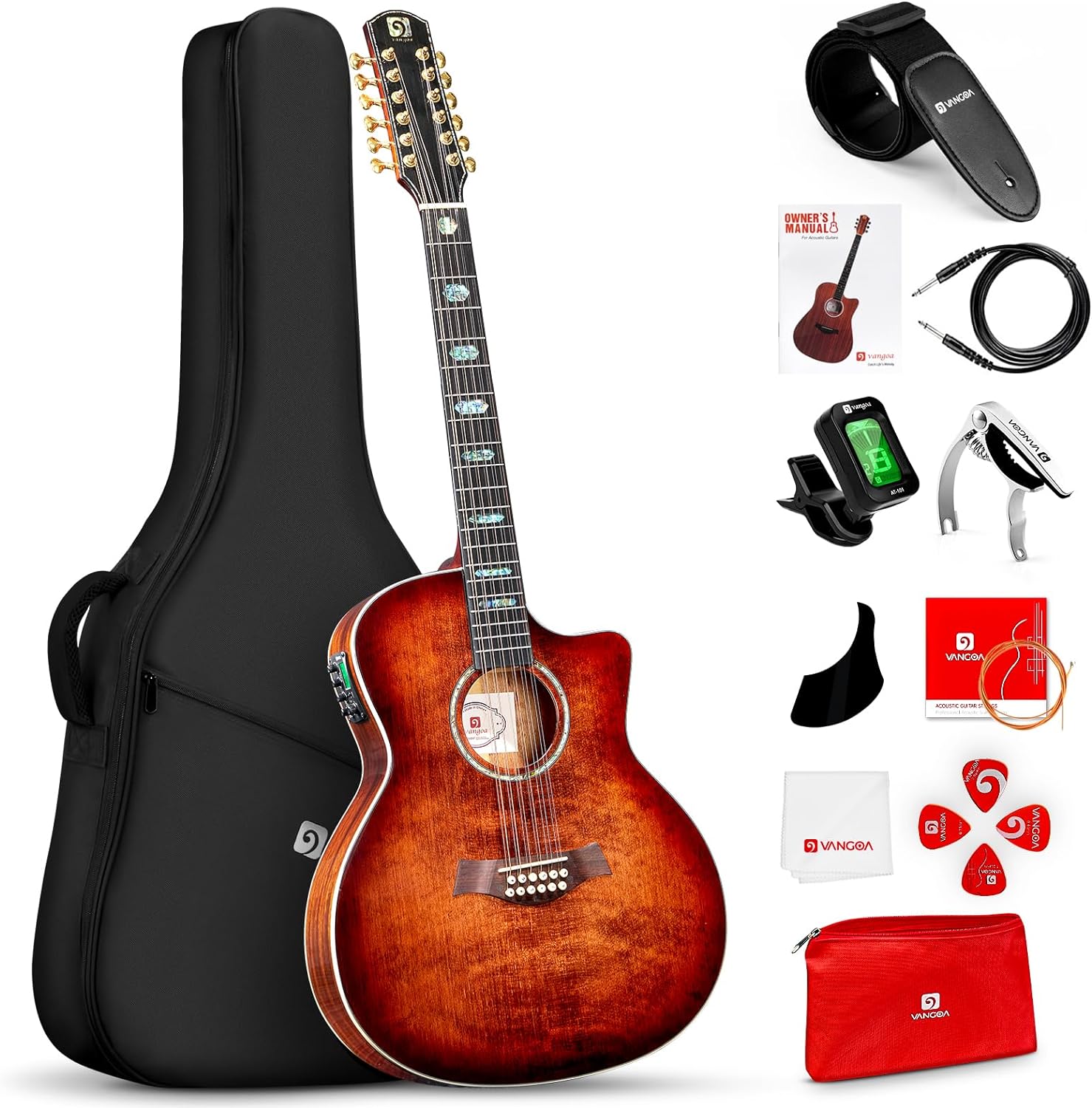 Vangoa 12 String Guitar Solid Wood, Twelve String Acoustic Electric Guitar Kit with Premium Spruce Top, Mahogany Body, Upgraded EQ, Bone Nut, Saddle, Classical Brown