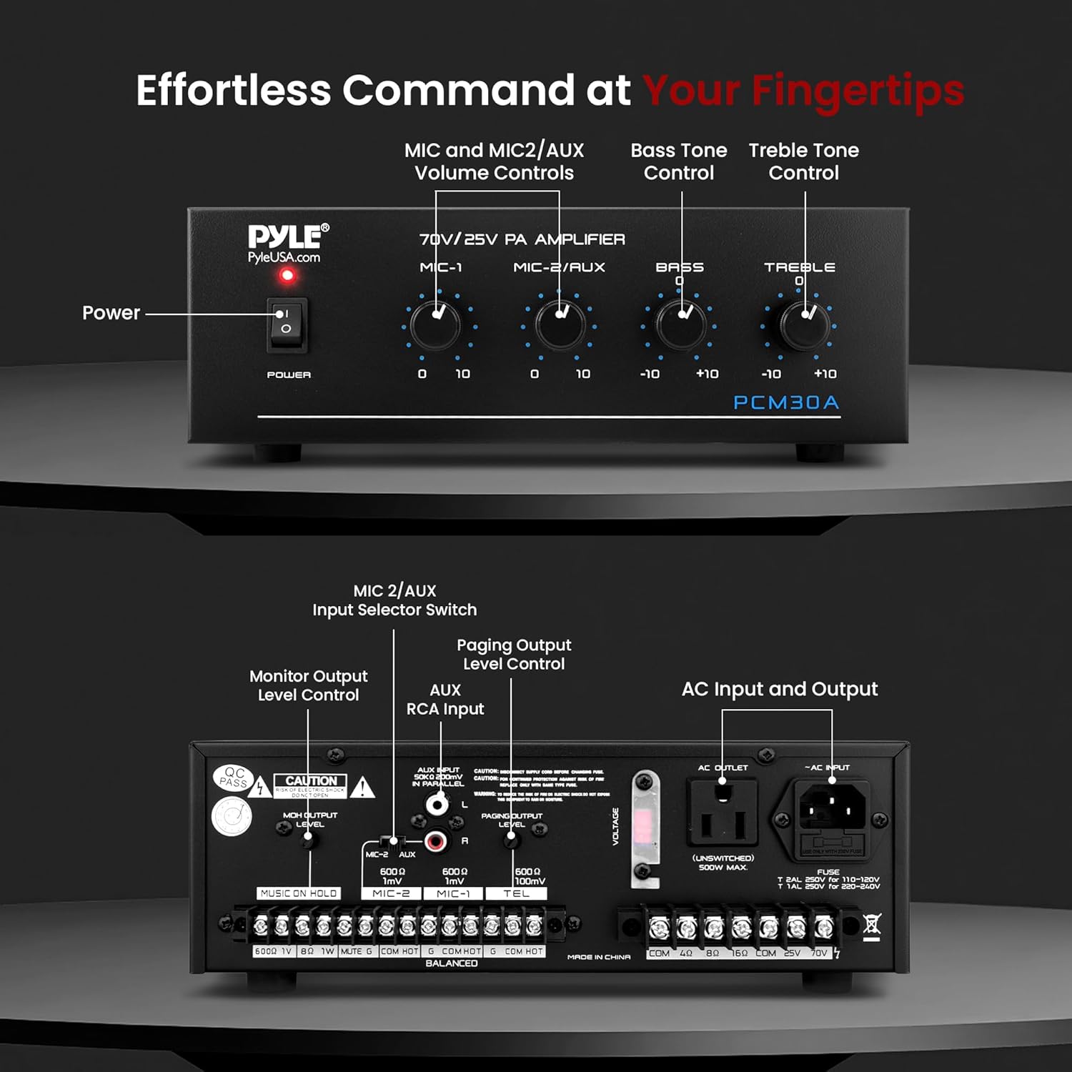 Pyle Compact Mini Home Power Amplifier - 60W Public Address System w/ RCA, 2 Microphone IN, 25/70 Volt Outputs, LED, Input Selector, Mic Talkover, Telephony, Music On Hold - PCM30A