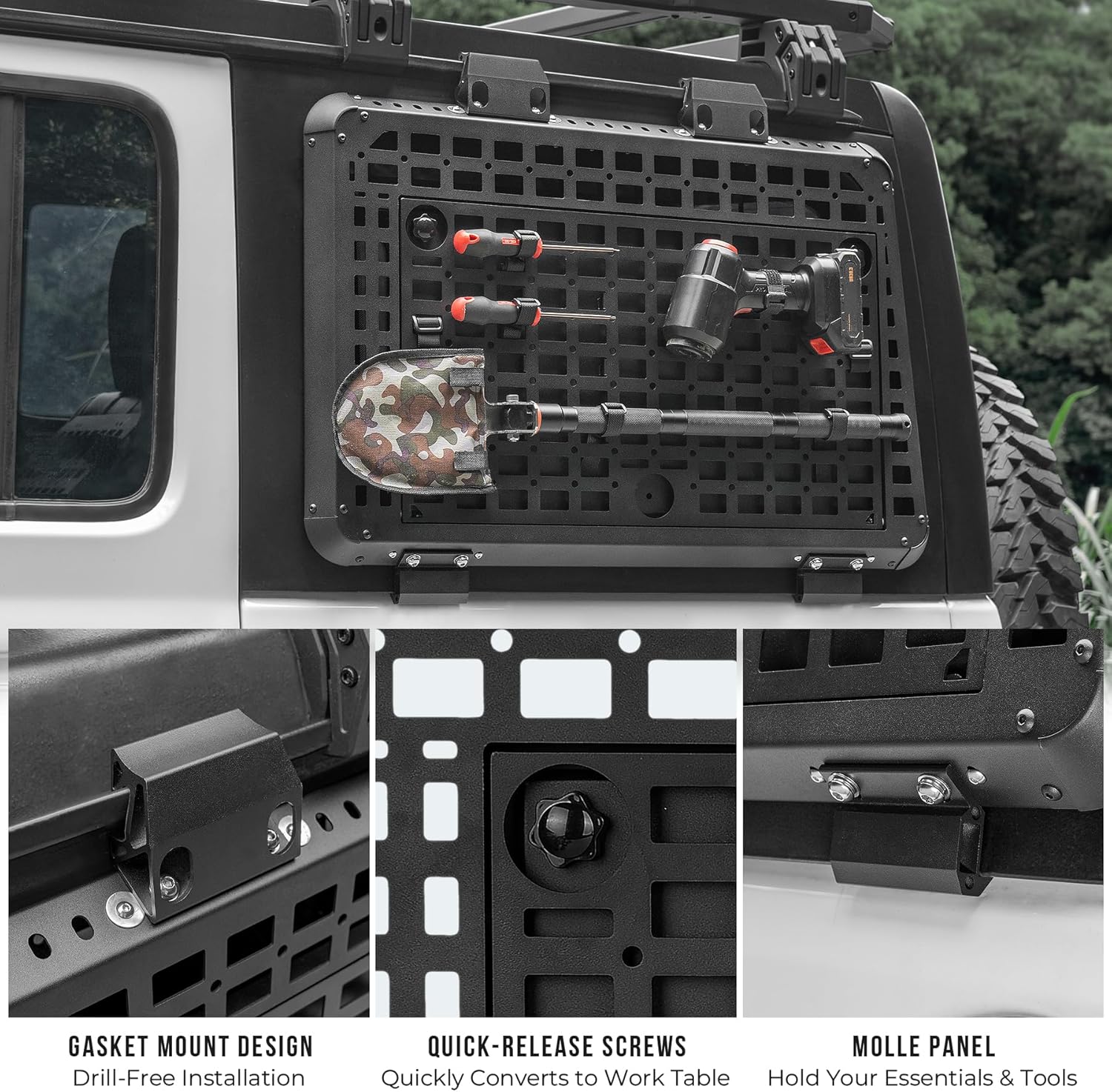 Rear Window Molle Panel with Fold-Down Table - Tactical Modular Rear Window Storage Panels for 2018-2025 Jeep Wrangler JL Off Road Camping Accessories (Driver Side)