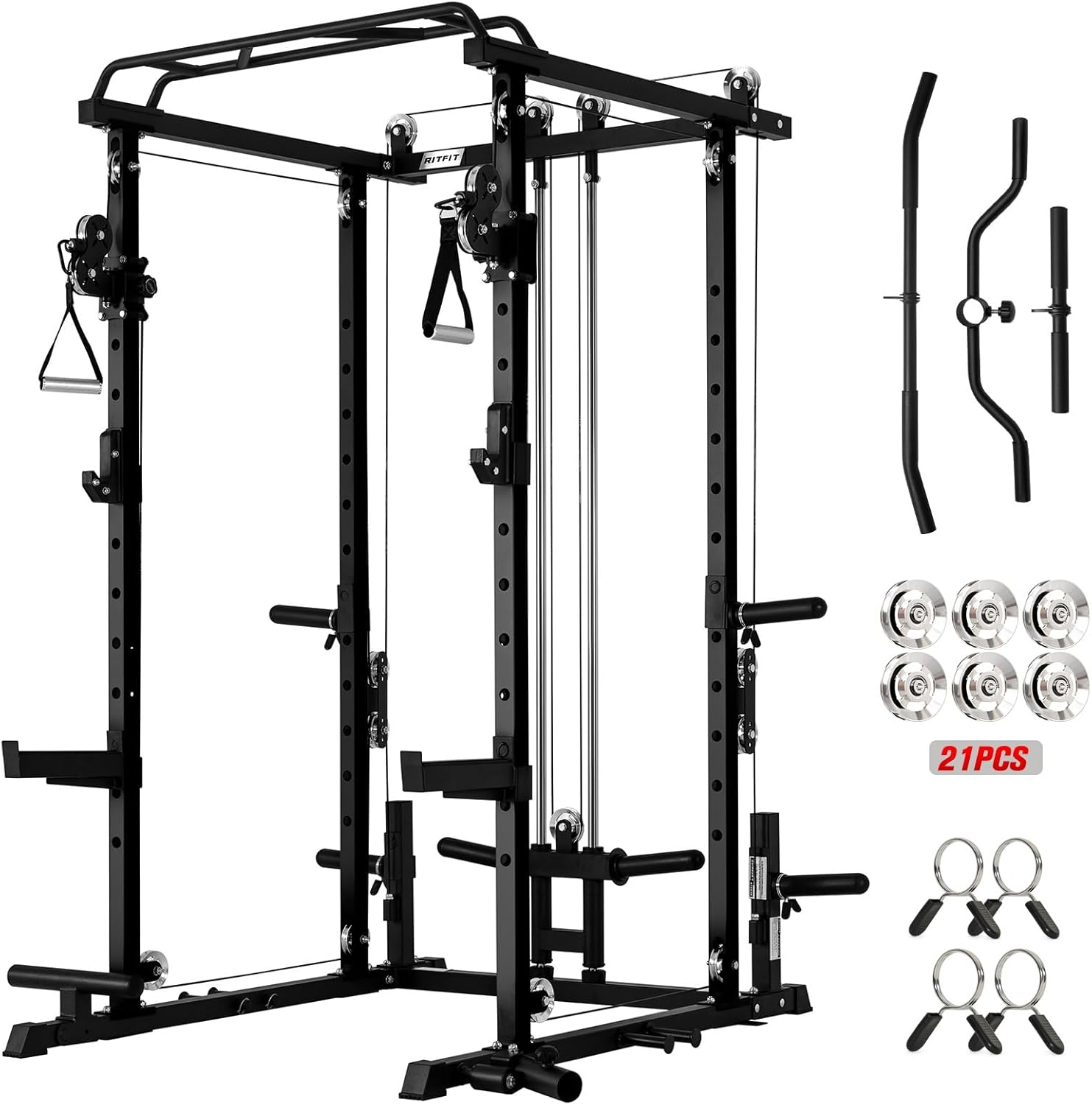 RitFit Multi-Function Squat Rack Power Cage PPC-P3 with Cable Crossover System, 1200LBS Capacity Power Rack and Packages with Optional Weight Bench, Barbell Weight Set, for Garage Workout & Home Gym