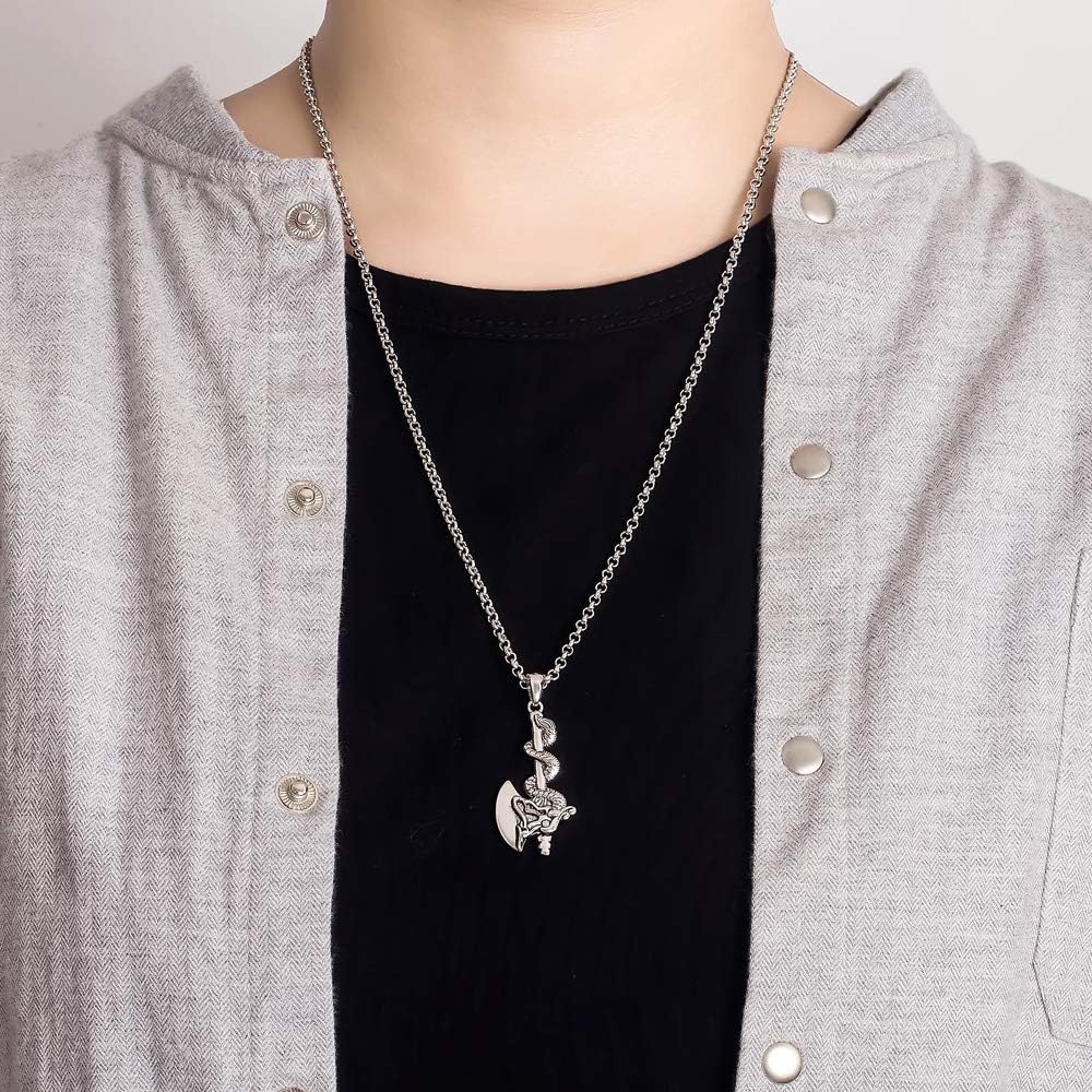 Dankadi Personalized Men's Charm Jewelry 925 Sterling Silver Necklace Vintage Style Dragon Shaped Axe Pendant Necklace 18''-28''O Chain Accessory Gift